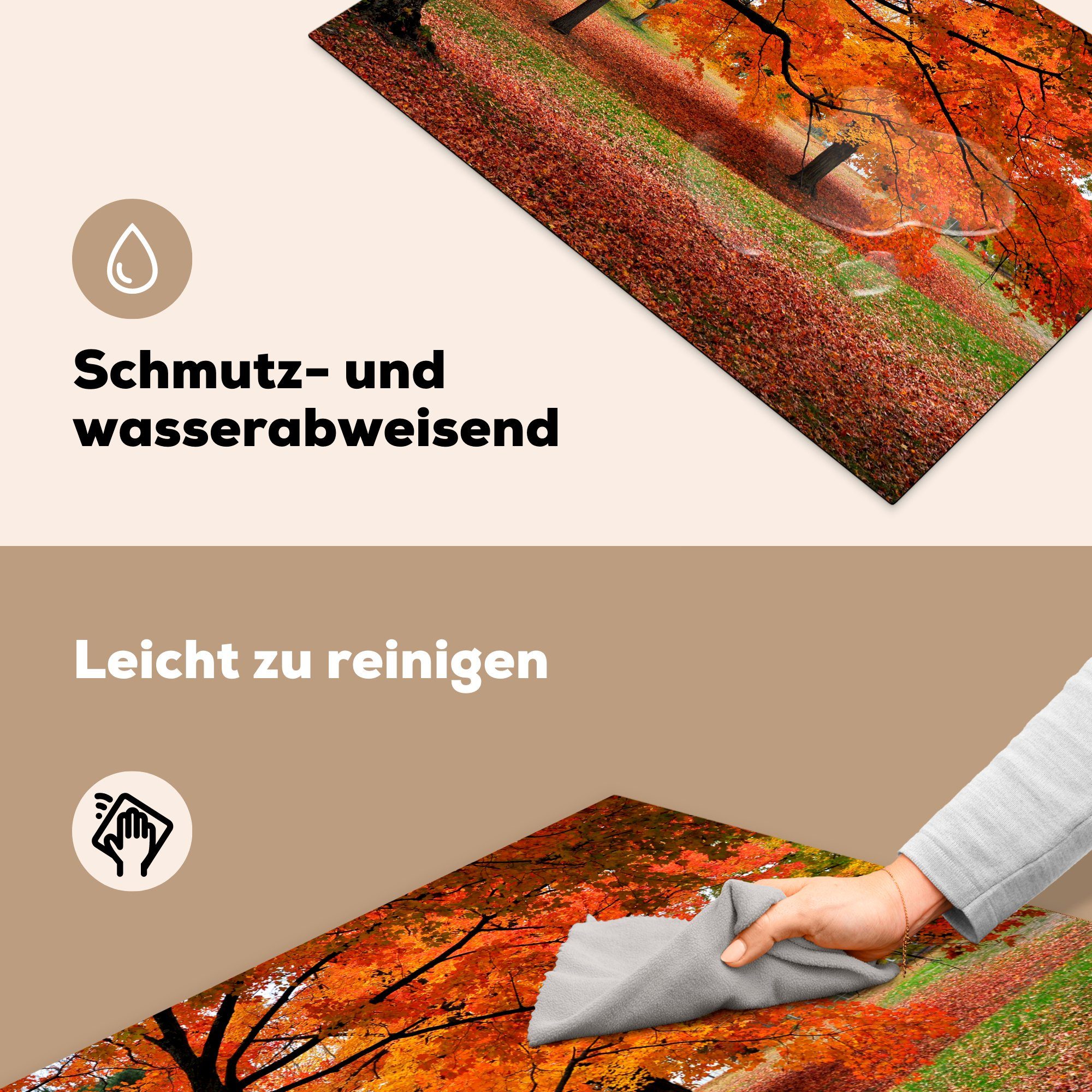 amerikanischen Schutz 81x52 Herdblende-/Abdeckplatte Ceranfeldabdeckung Vinyl, einem für cm, tlg), MuchoWow küche, (1 die in Herbstblätter Induktionskochfeld Wald,