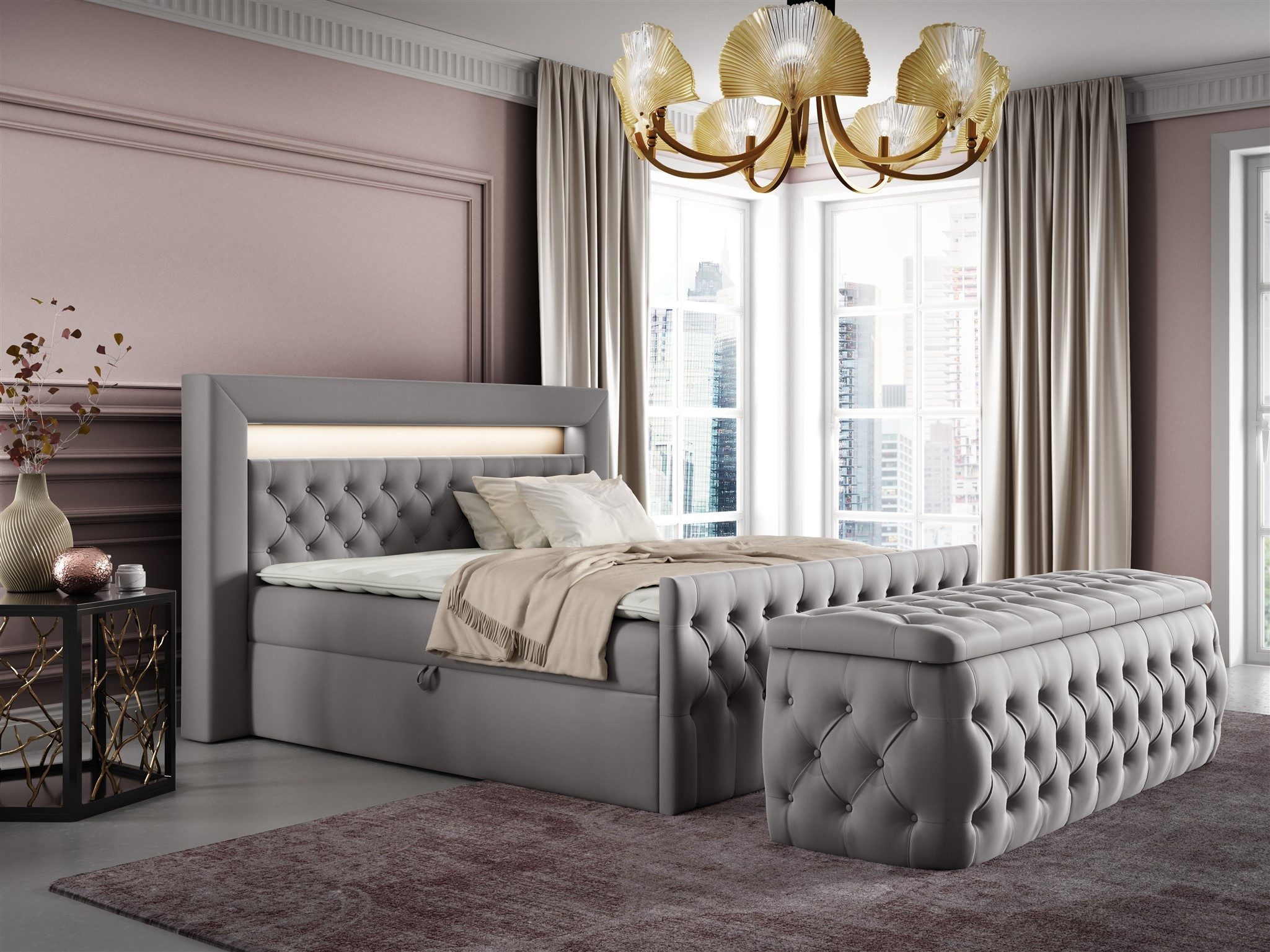 Fun Möbel Boxbett Schlafzimmerbett ERNESTO Nr.3 in Stoff Elisa Velvet (inkl. Topper, Auch mit Nachtkonsolen erhältlich), inkl. Polsterhocker, LED-Beleuchtung mit Fernbedienung