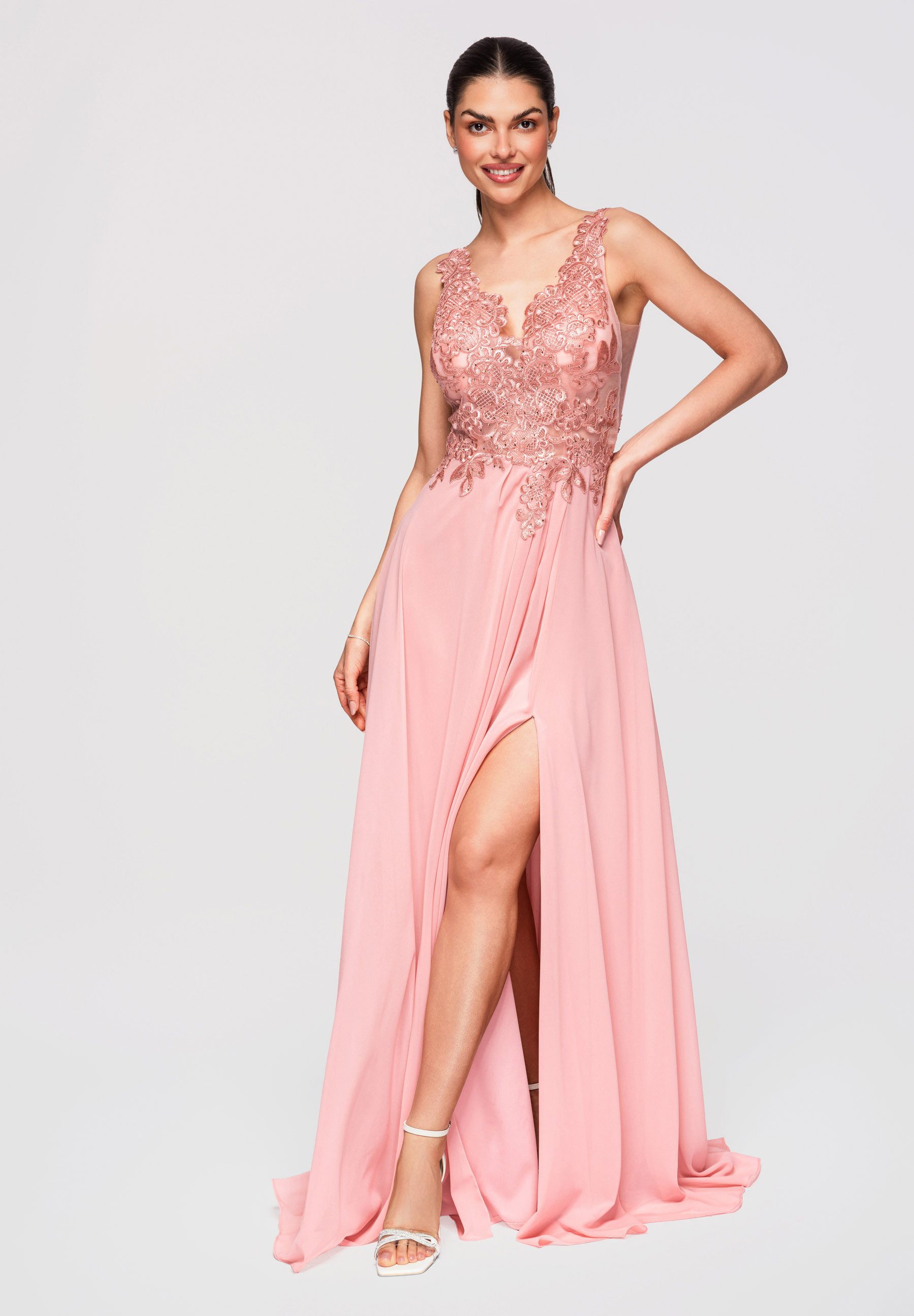 OMBRE Abendkleid Abendkleid Maxikleid Spitze Elegant Koralle M (kein Set, 1-tlg) Transparente Elemente, Koronkowy Saum