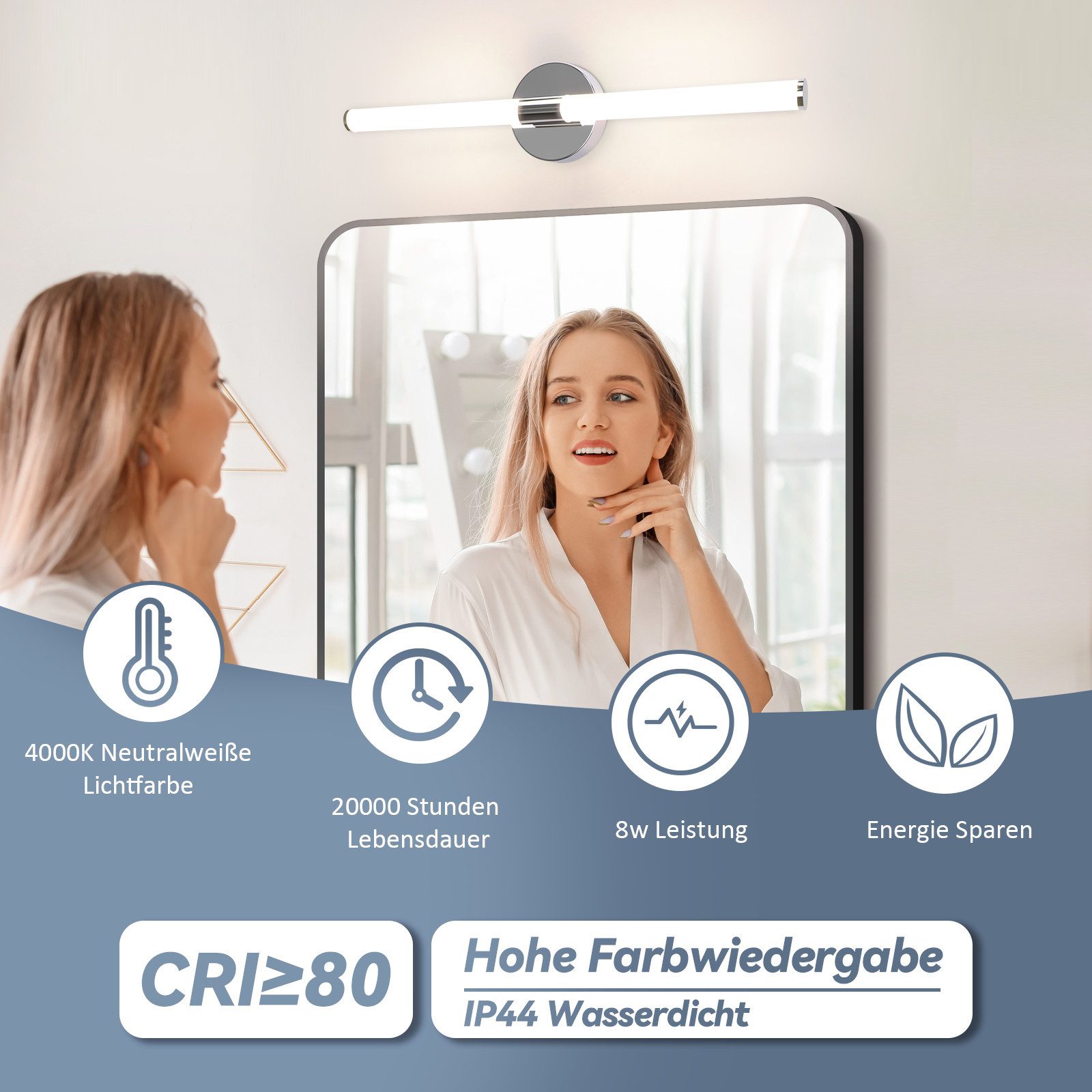 Glitzerlife Spiegelleuchte Bad Wandlampe LED - 8W Badlampe 60CM Wandleuchte 4000K Neutralweiß Modern IP44 Wasserdicht Badlampe Chrom Für Badschrank Keller Küche_voghion.com