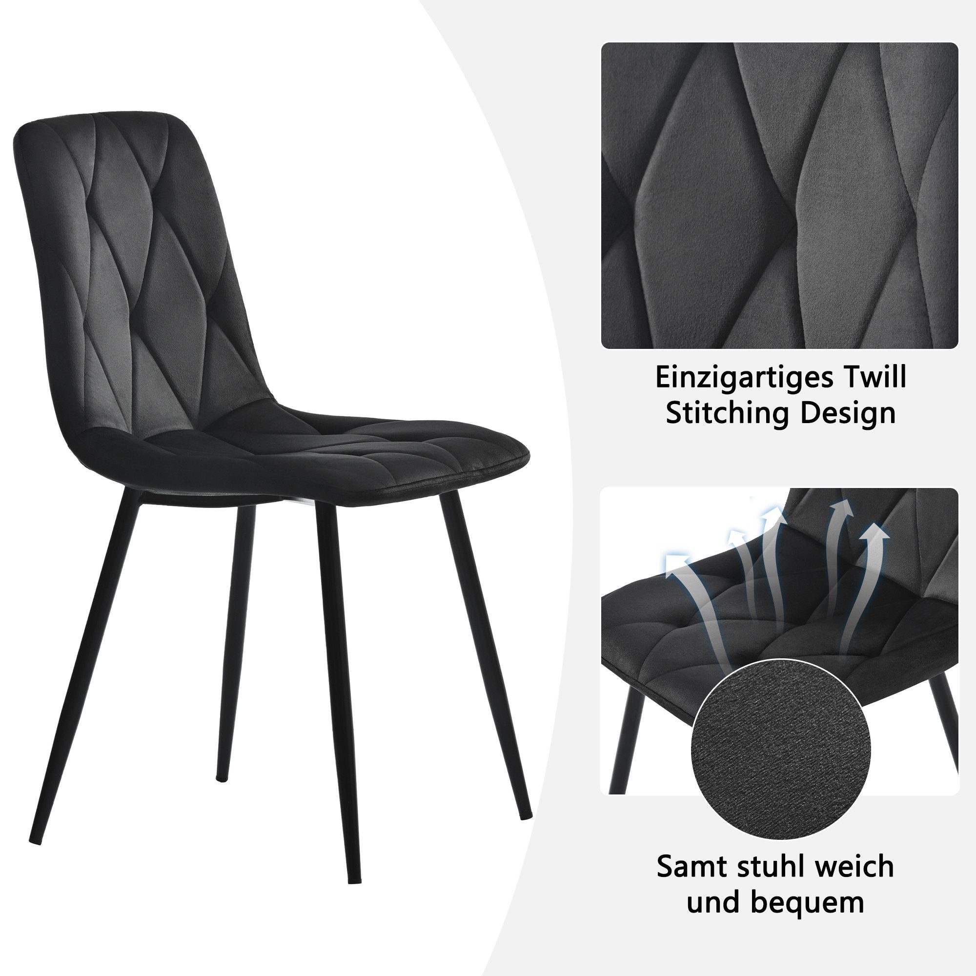 i@home Essgruppe rundes Esstisch aus Marmor mit 4 Samtstühle, grau/schwarz/grün, (5-teilig), Tischbeine aus schwarzem Metall – Bild 4 von 5