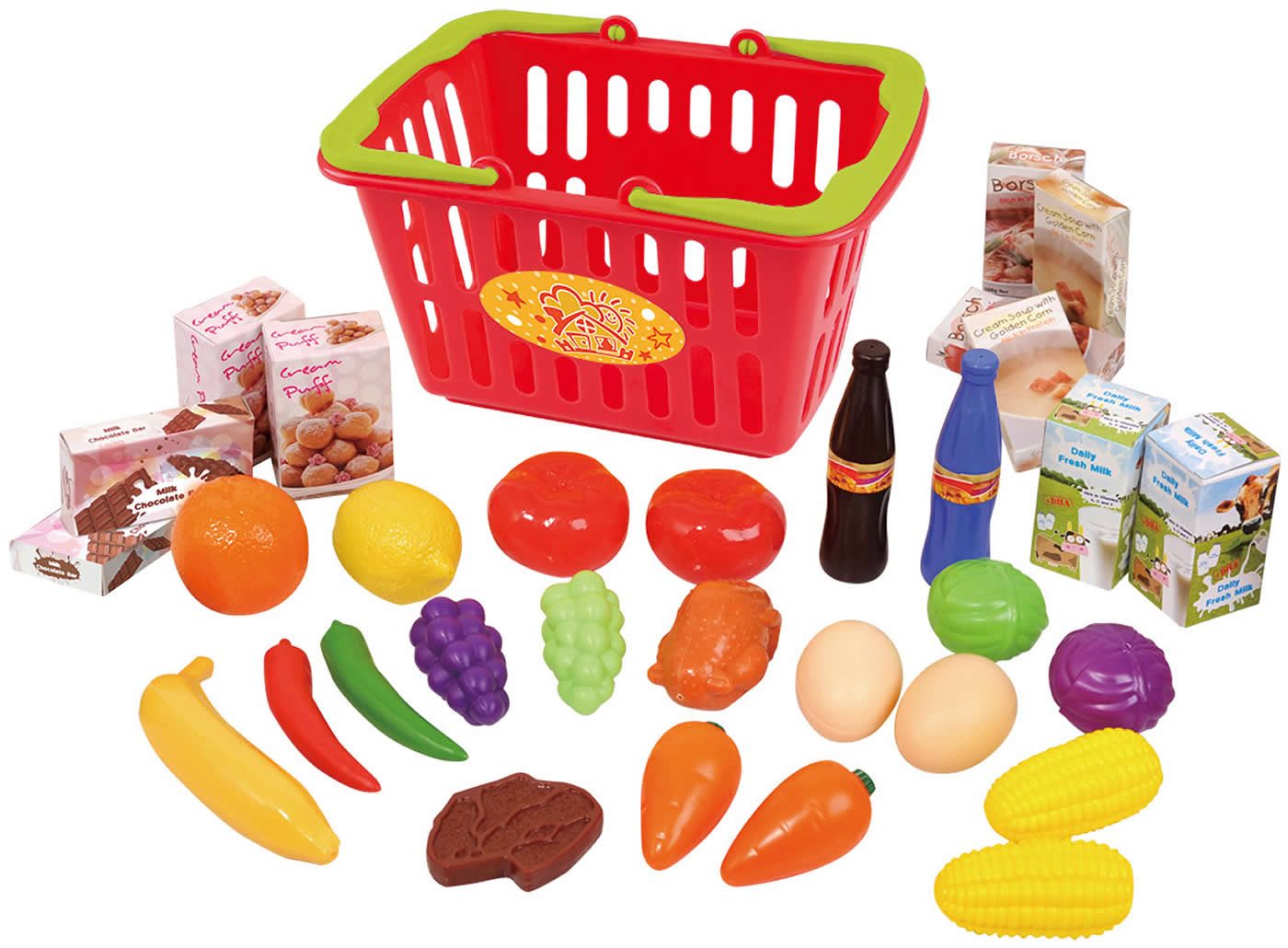Play Spiel-Einkaufswagen Einkaufskorb mit Spiellebensmittel 32-tlg günstig online kaufen