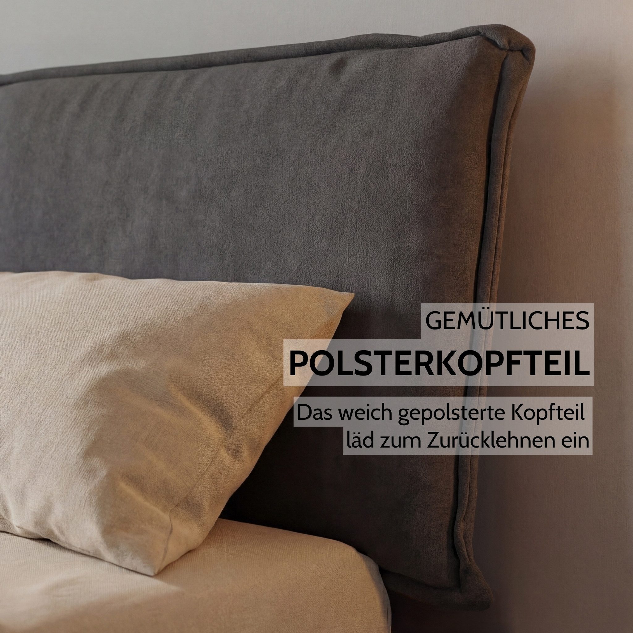Liadomo Bettgestell Bologna Cozy, Bett, Einzelbett, Doppelbett, Massivholzbett, Akazie (Liegefläche 140 x 200; 160 x 200; 180 x 200 cm), Polsterkopfteil, Cozy-Look, mit Metallkufen schwarz