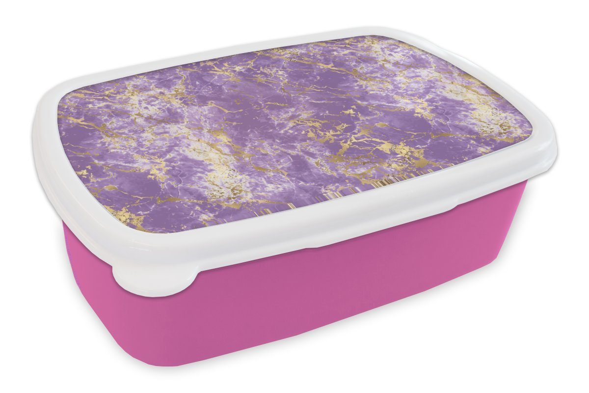 MuchoWow Lunchbox Marmor - Lila - Gold - Muster, Kunststoff, (2-tlg), Brotbox für Erwachsene, Brotdose Kinder, Snackbox, Mädchen, Kunststoff rosa