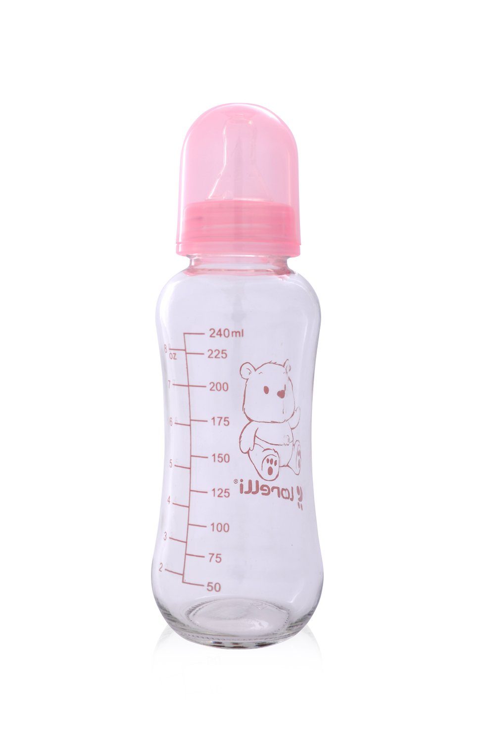 Lorelli Babyflasche Baby Glasflasche 240 ml, 240 ml Fassungsvermögen Silikonsauger Deckel ab Geburt rosa
