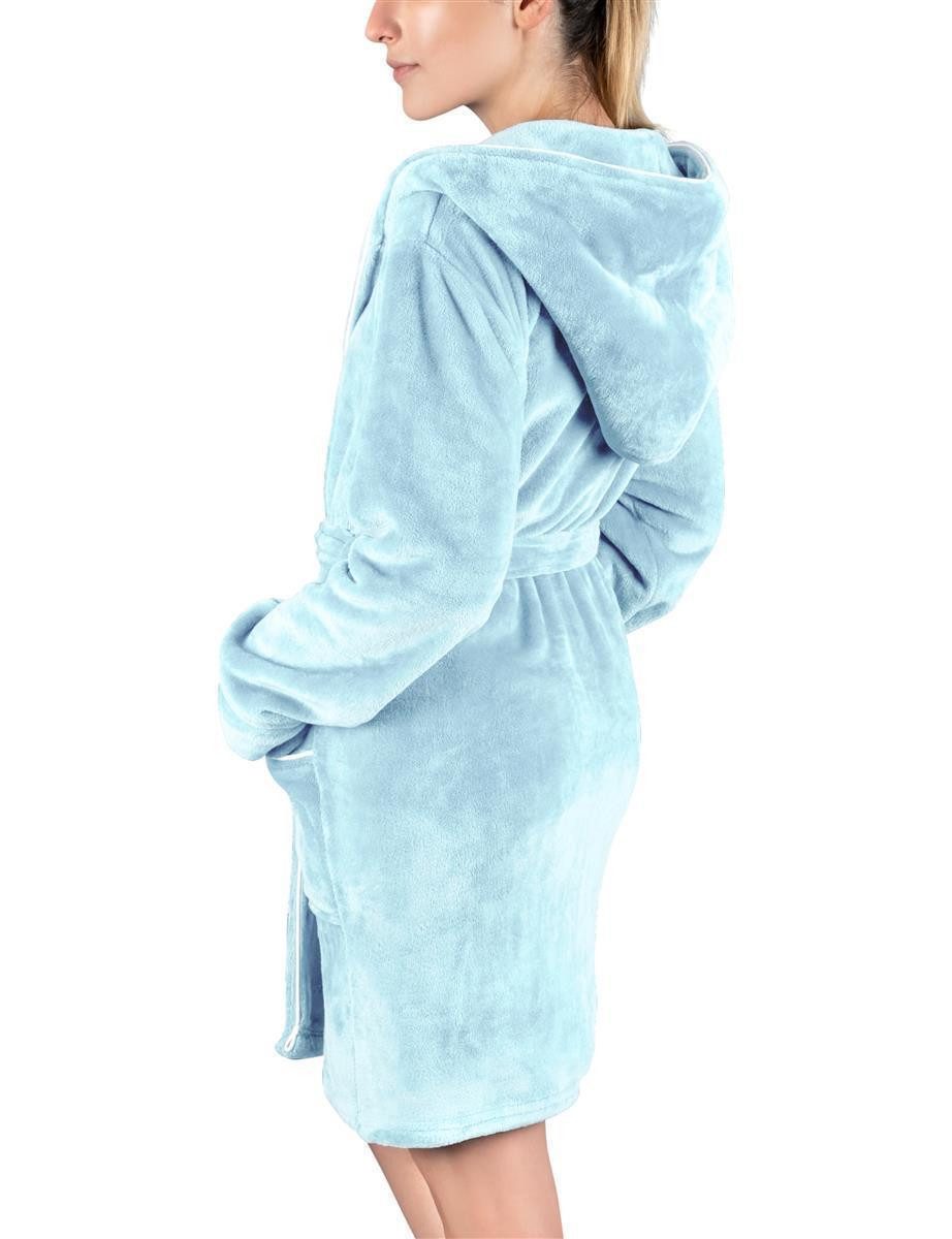 Gräfenstayn Damenbademantel Bademantel Damen flauschig Kapuze Kuschelfleece leicht kurz, warm & kuschelig, Knielang, Fronttaschen, Gürtel, S-XXL