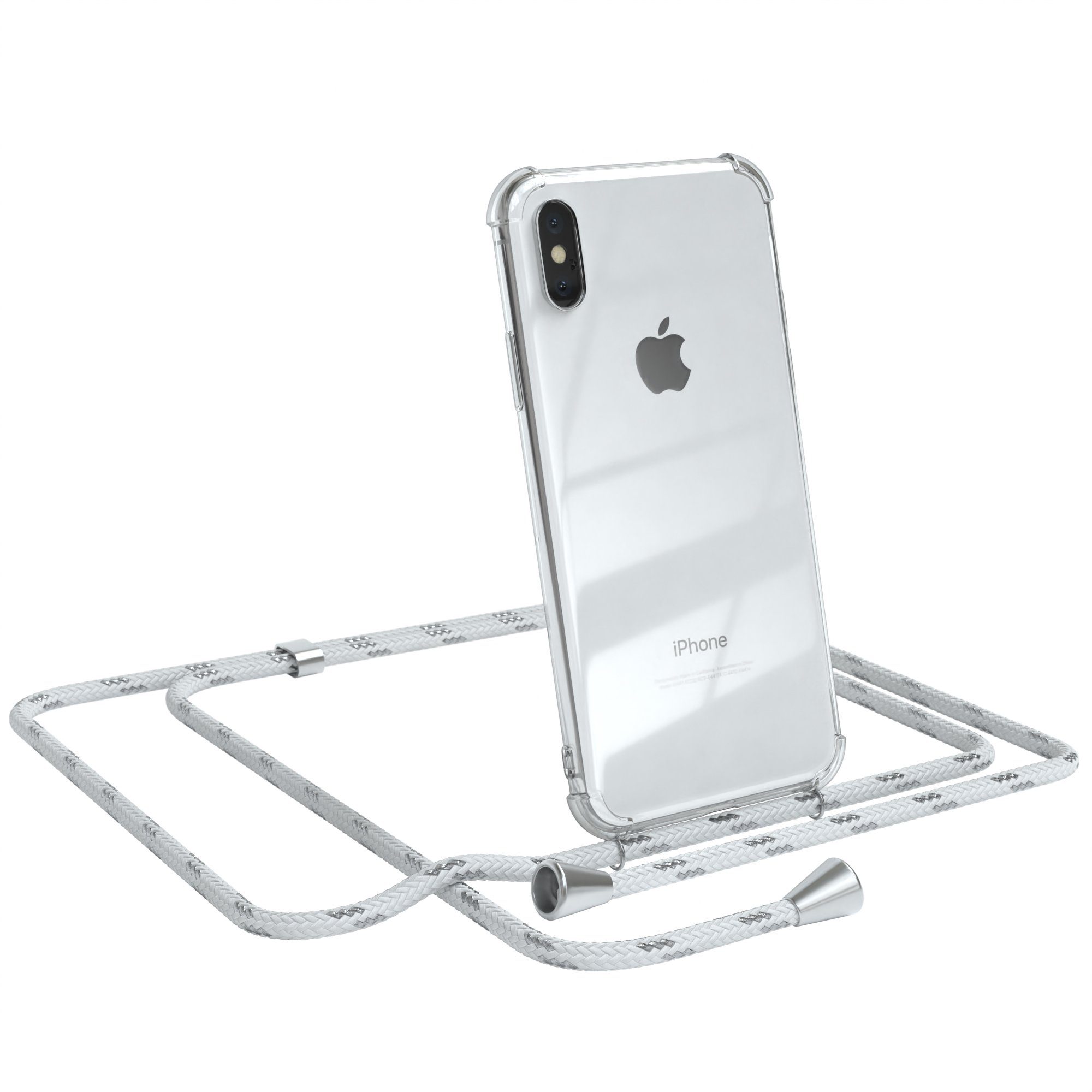 EAZY CASE Handykette Hülle mit Kette für Apple iPhone X / XS 5,8 Zoll, Hülle Smartphonekette für Unterwegs Festivalhülle Transparent Weiß