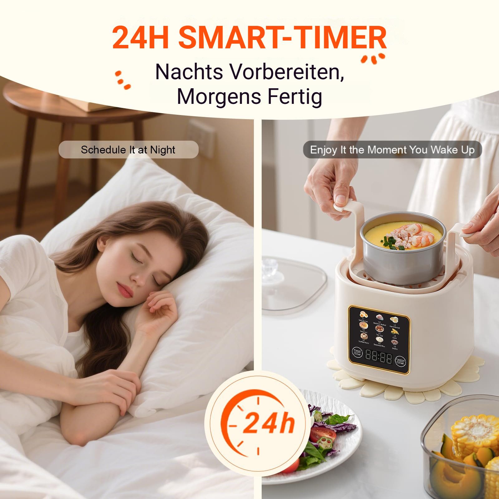 Tekoo Eierkocher Multifunktionaler Mini Dampfgarer elektrisch mit 24h Timer, 300 W, 24h Zeitvorwahl, 9 Programme, 9-in-1 Multikocher, Abschaltautomatik