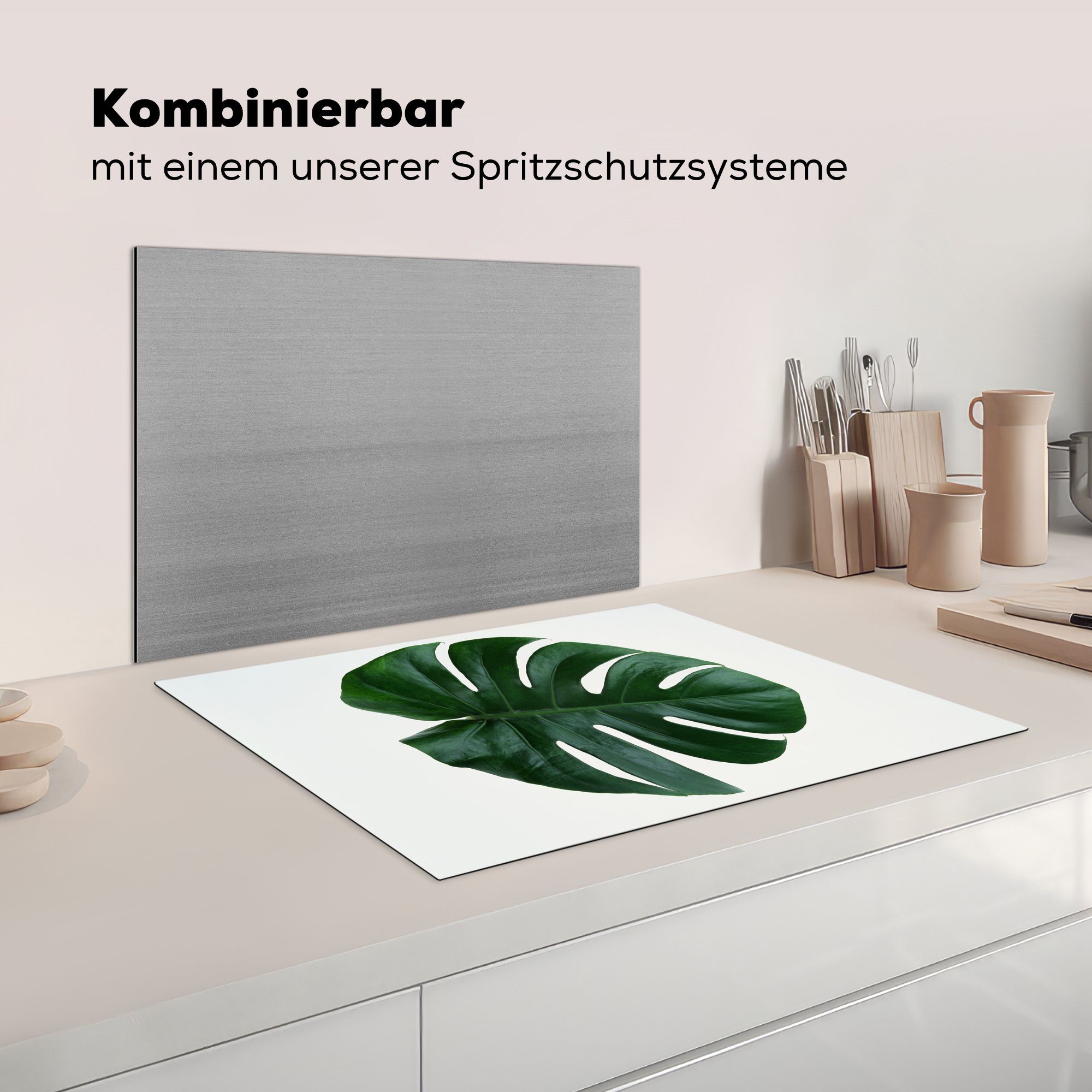 Hintergrund, Herdblende-/Abdeckplatte tlg), küche, (1 Vinyl, Ceranfeldabdeckung für cm, MuchoWow 71x52 Schutz Monsterblatt weißem die Induktionskochfeld auf