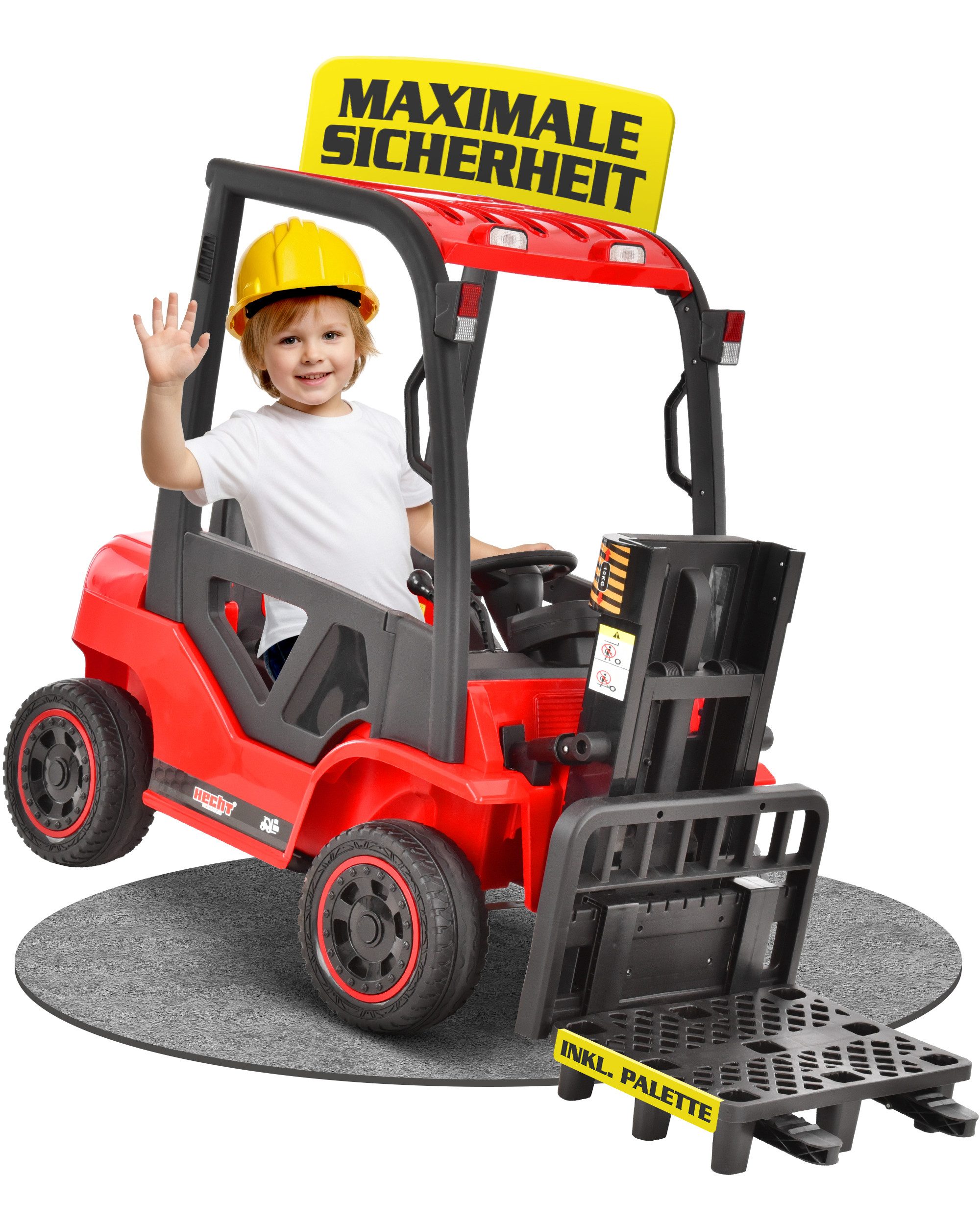 Hecht Spielzeug-Gabelstapler mit Fernbedienung, 12V Akku bis 35 kg und 6 km/h, Hebt bis 10 kg, mit Radio, Mp3, Bluetooth