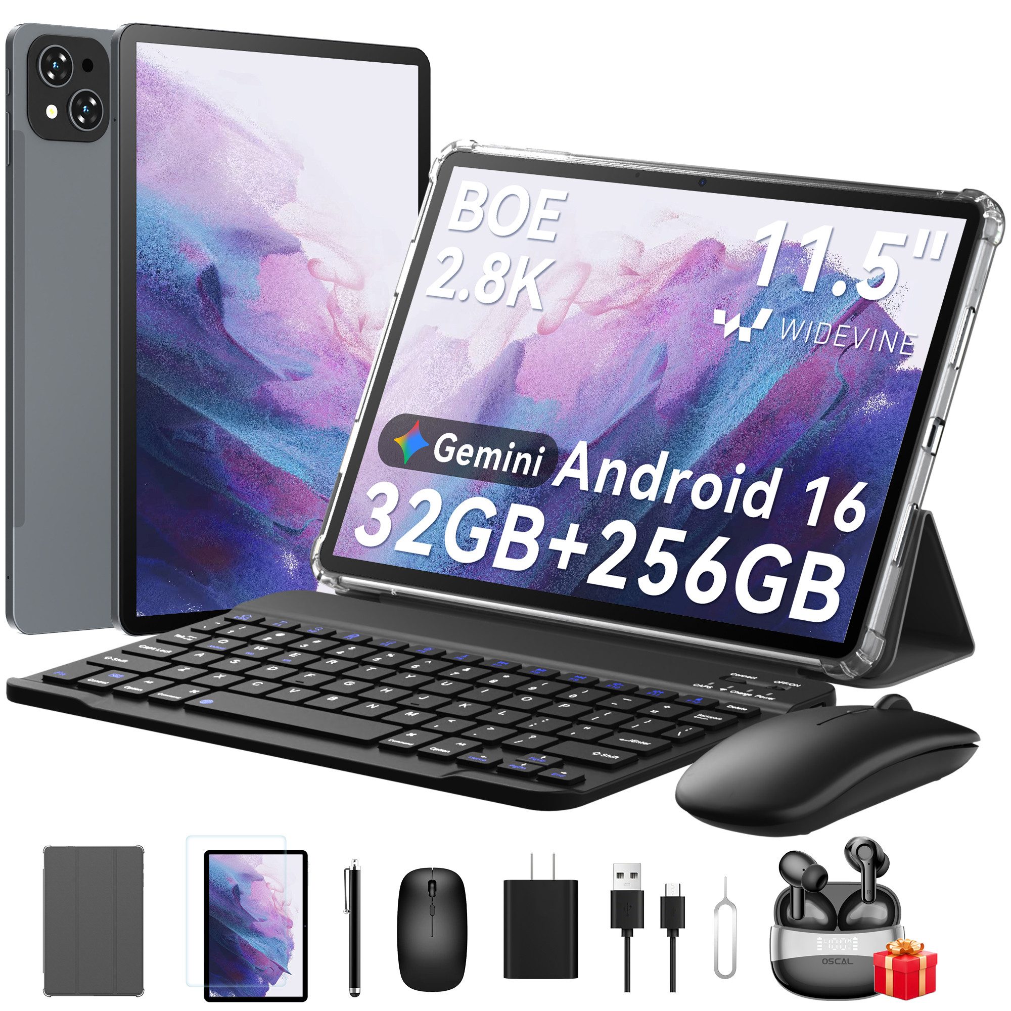 KINGRID 11,5" T12P 2,8K Android 16 4GLTE 256GB Mit Tastatur/Maus/Hülle Tablet (11,5", 256 GB, Android 16, 8000mAh, Gemini-KI, 2800x1840, Octa- Core, 32(8+24)GB)