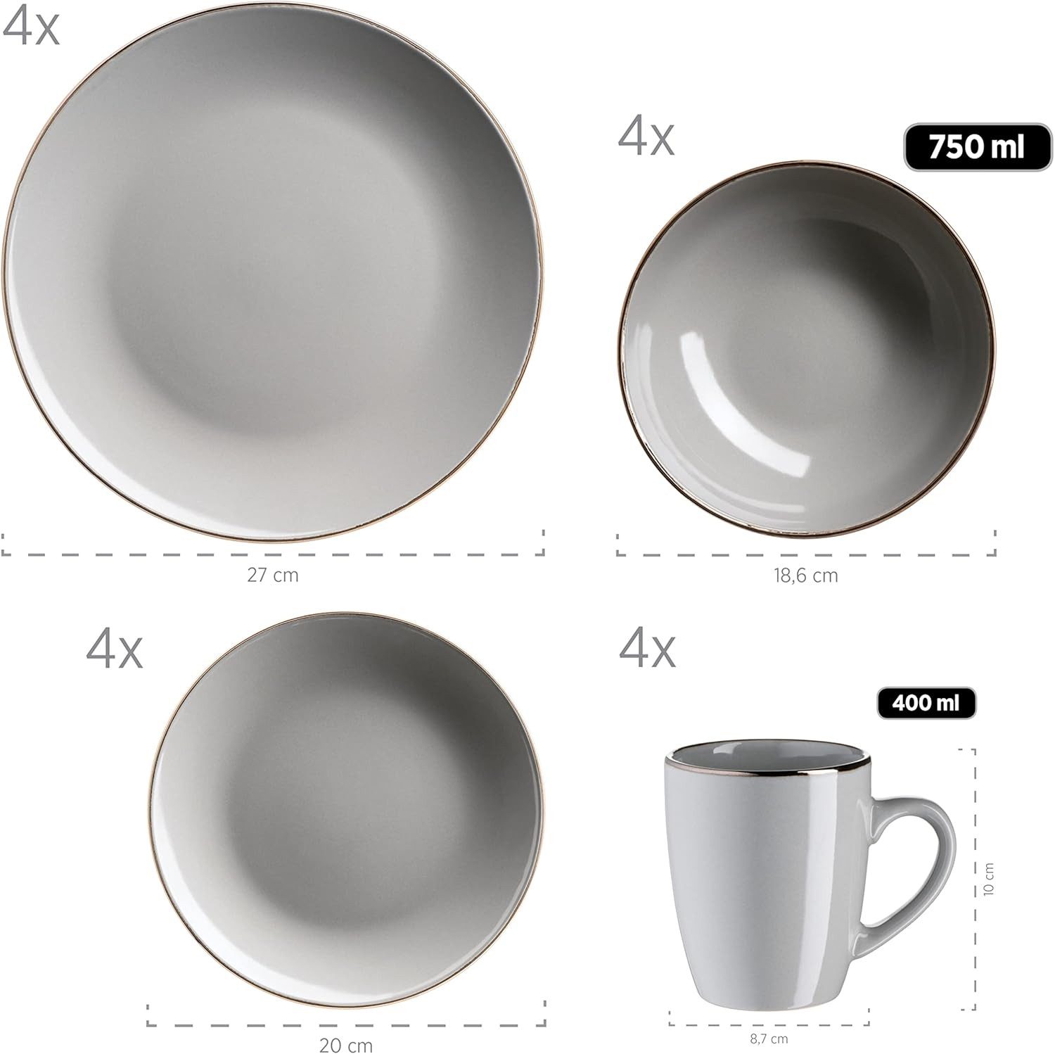 MÄSER Kombiservice METALLIC RIM (16-tlg), 4 Personen, Steinzeug