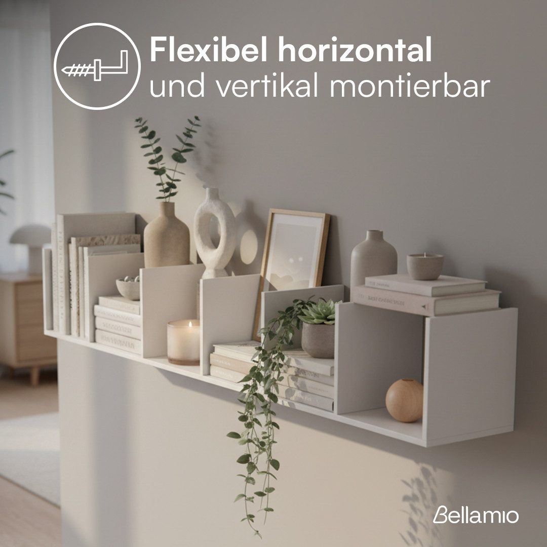 Bellamio Wandregal Ems mit 6 Fächern, Schweberegal 190x28x30 cm, horizontale oder vertikale Montage