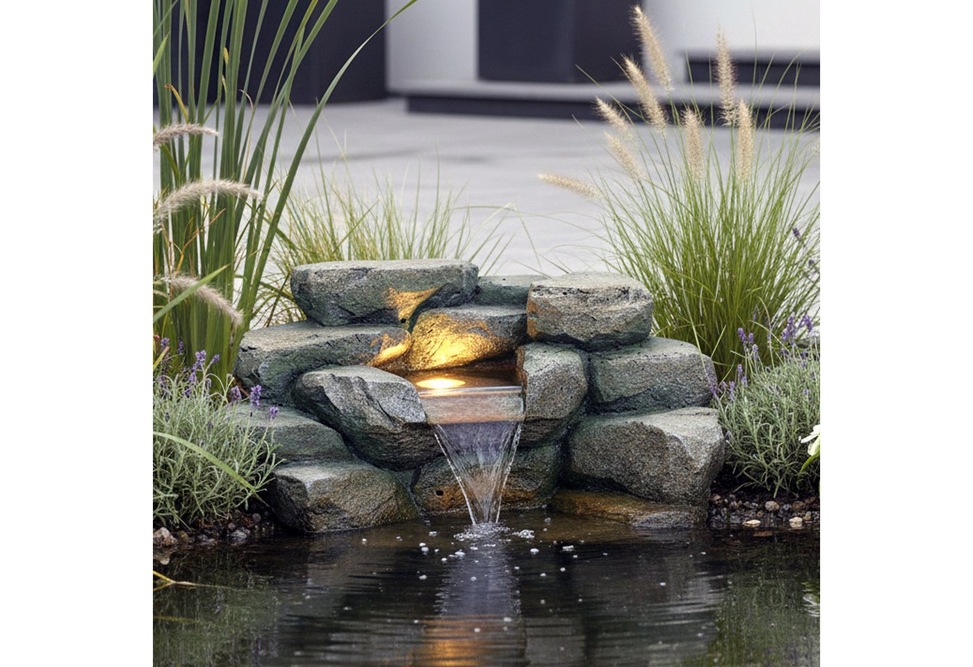 Arnusa Wasserfall Teichdekoration Wasserspiel für Teich Steinoptik mit LED Brunnen, 48 cm Breite, Springbrunnen Kaskade einfach am Teichrand integrieren