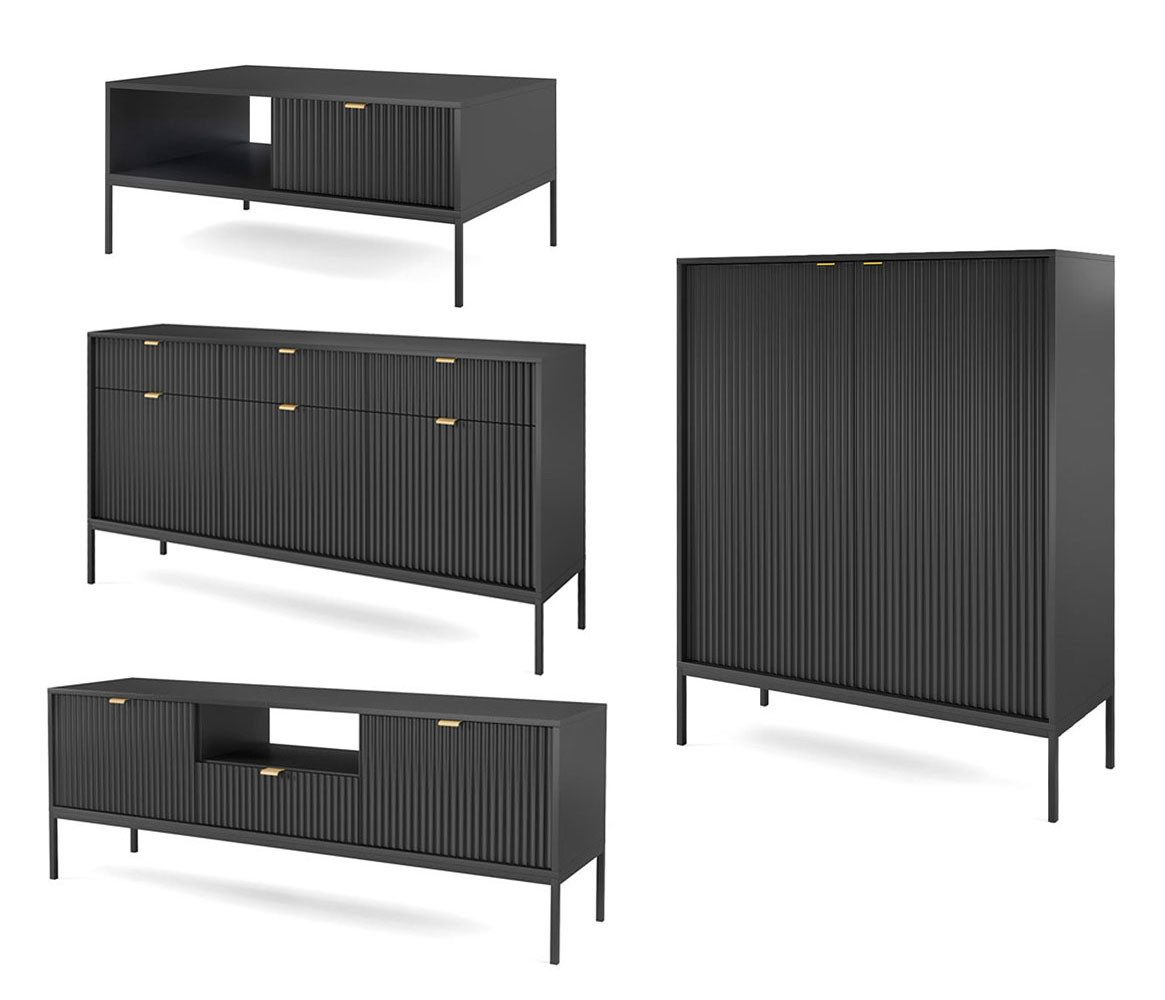 Feldmann-Wohnen Wohnwand Nova, (1 Couchtisch, 1 Lowboard, 1 Highboard, 1 Sideboard, 4-St., Riffel-Optik Front, goldfarbene Metallgriffe, ABS-Kanten), 4-teilig MDF Schwarz