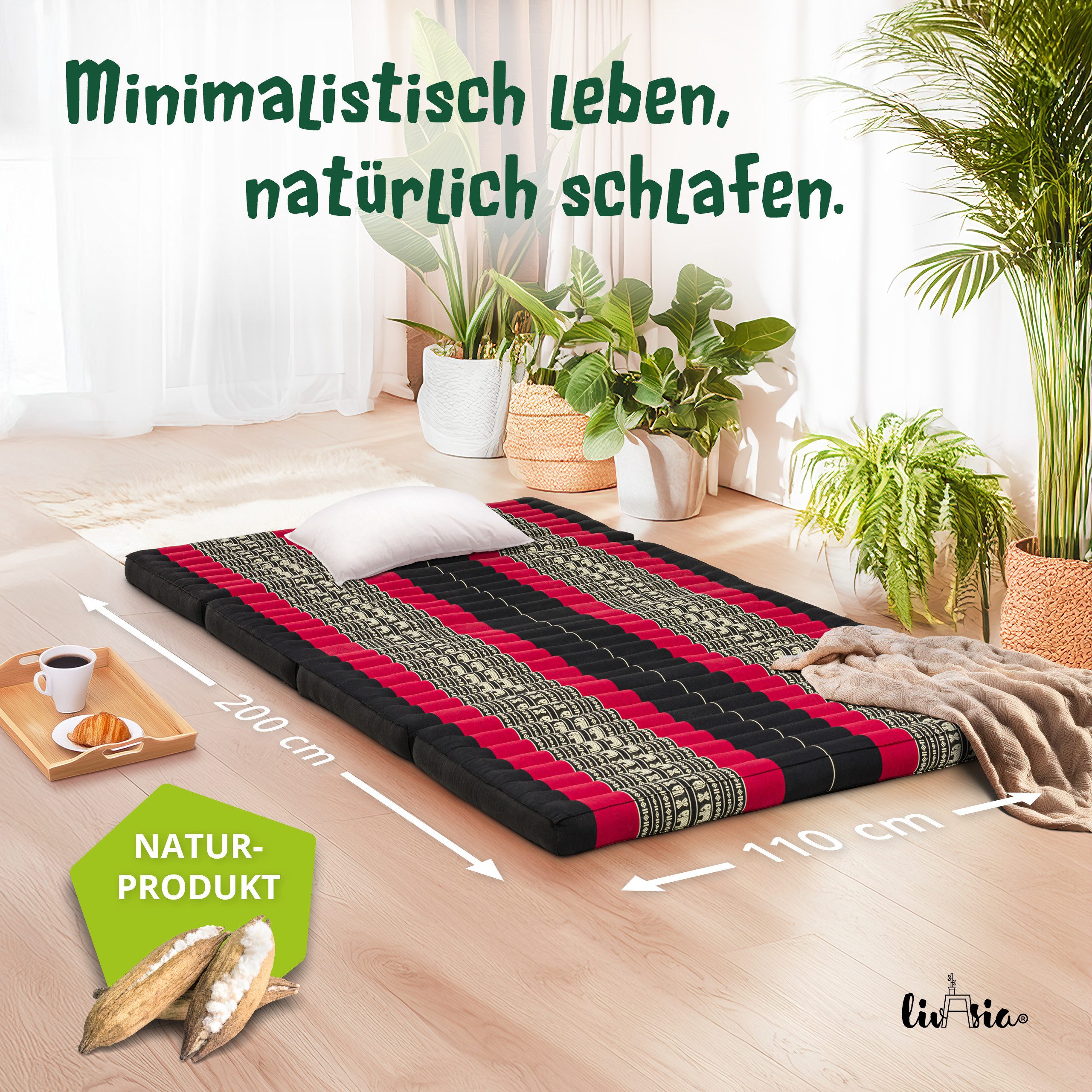 Klappmatratze Faltmatratze 110 cm breit (Classic) - 200x110x8cm -, livasia, 8 cm hoch, Kapok, vegan, handgefertigt