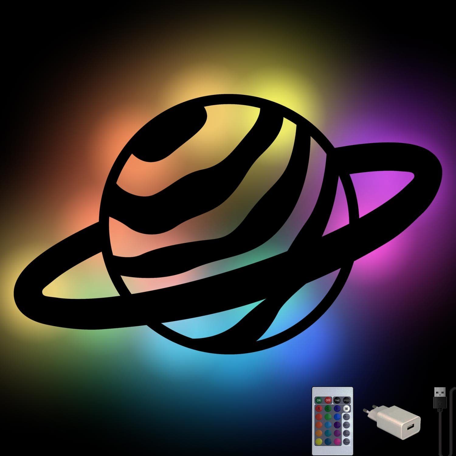 Namofactur LED Nachtlicht Farbwechsel Planet Nachtlicht aus Holz, WandLampe, LED fest integriert, Farbwechsler