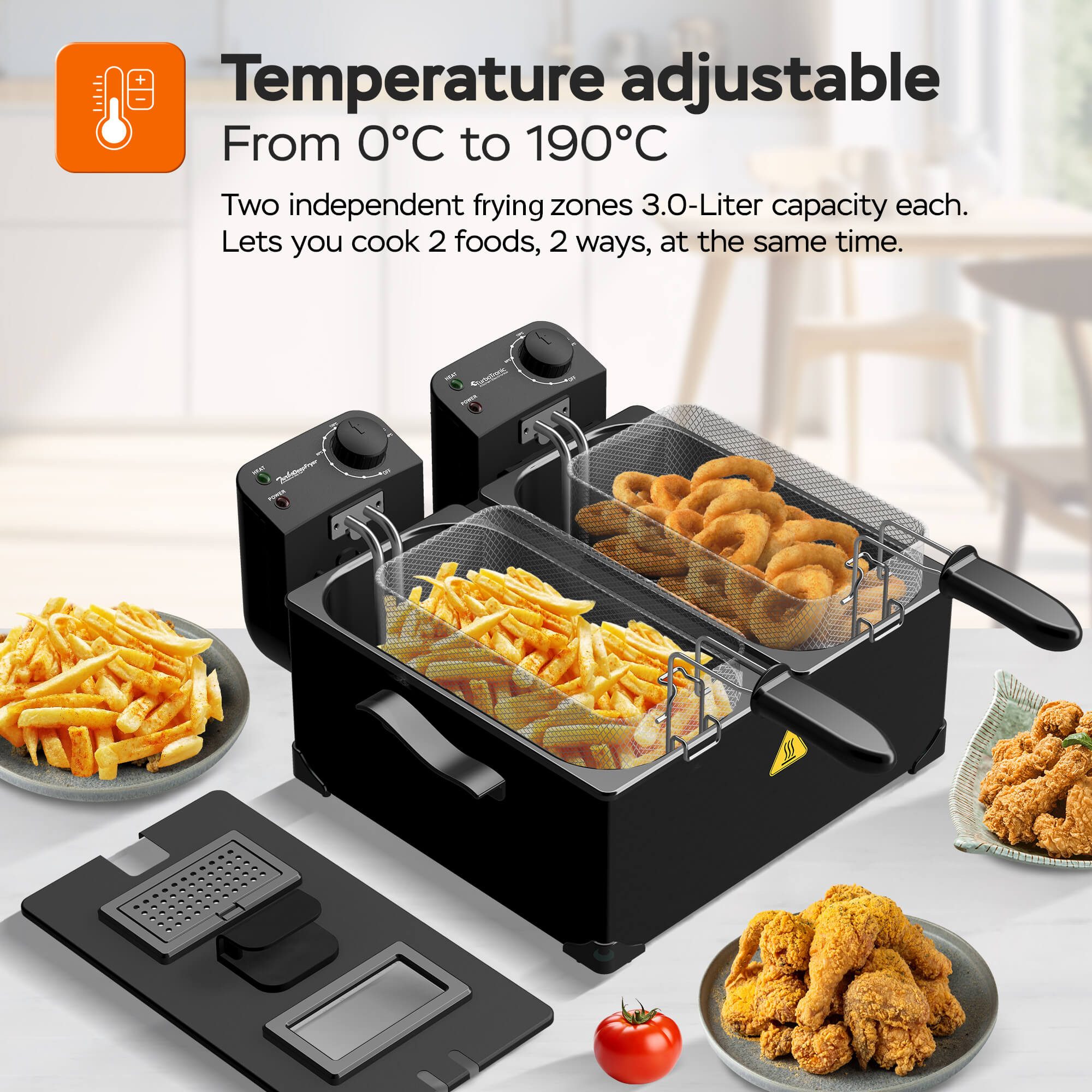 TurboTronic by Z-Line Kaltzonenfritteuse Doppel 3600W 6L 2x3L Kaltzone Edelstahl 0-190°C Sichtfenster, 3600 W, 2 getrennte Thermostate je 1kg Pommes pro Korb spülmaschinenfest Profi