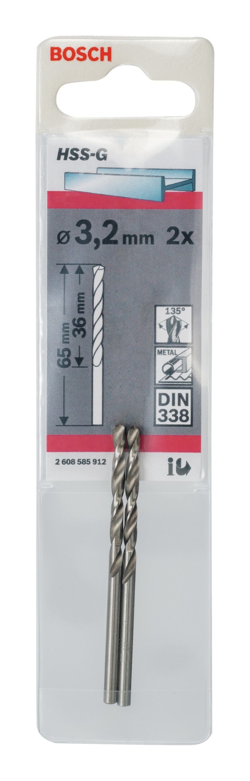 x - 2er-Pack - BOSCH mm (DIN HSS-G 3,2 x (2 338) 65 Stück), Metallbohrer, 36