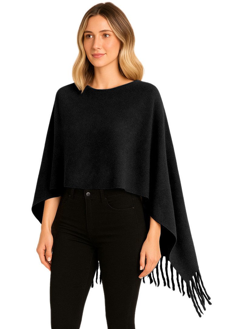 dy_mode Strickponcho Kuscheliger Damen Strickponcho mit Fransen – Unifarbener Überwurf/Cape Unifarbe, mit Fransen