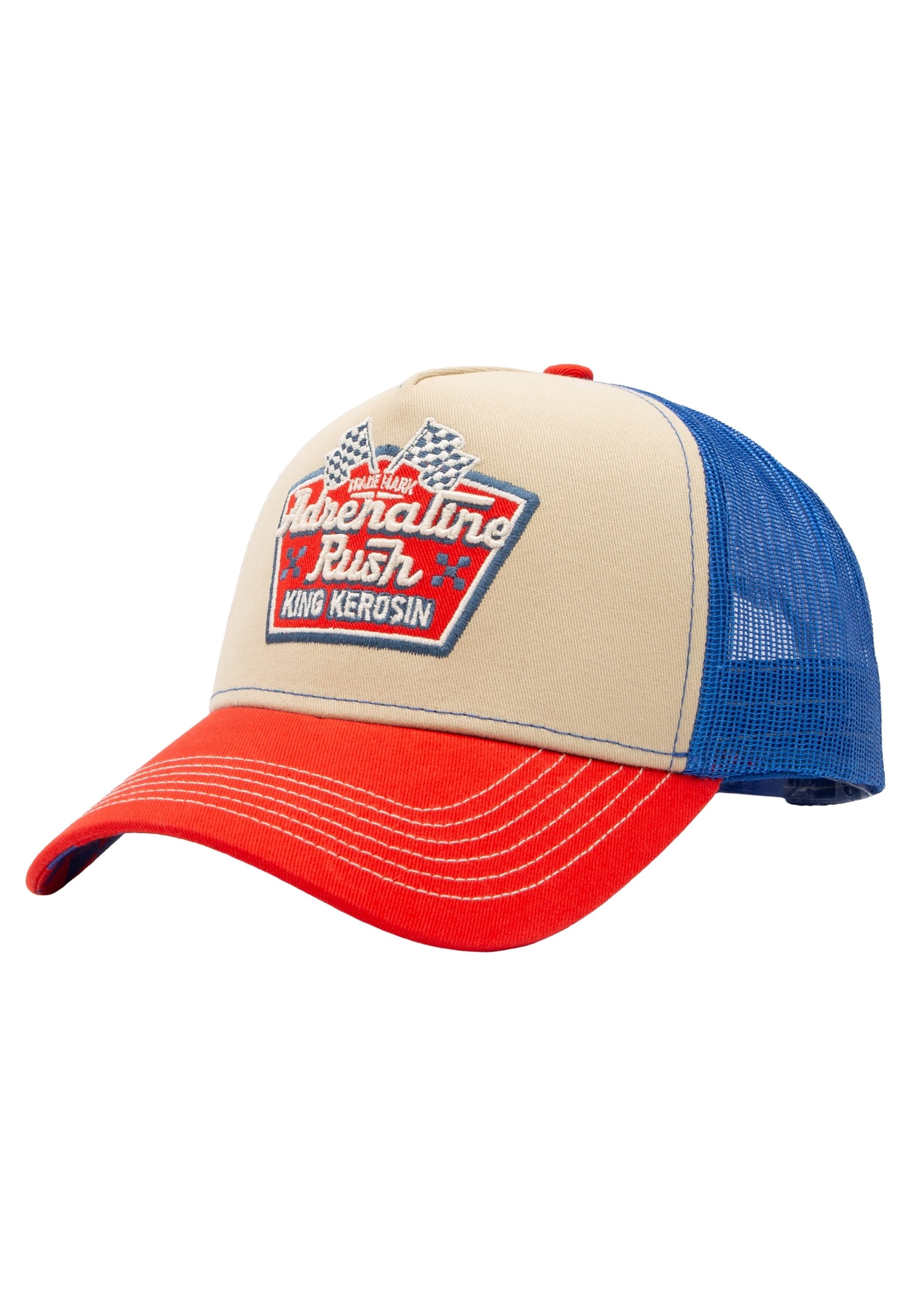 KingKerosin Trucker Cap Adrenaline Rush Trapezförmiger Patch mit Zielflaggen und karierte Schirmunterseite