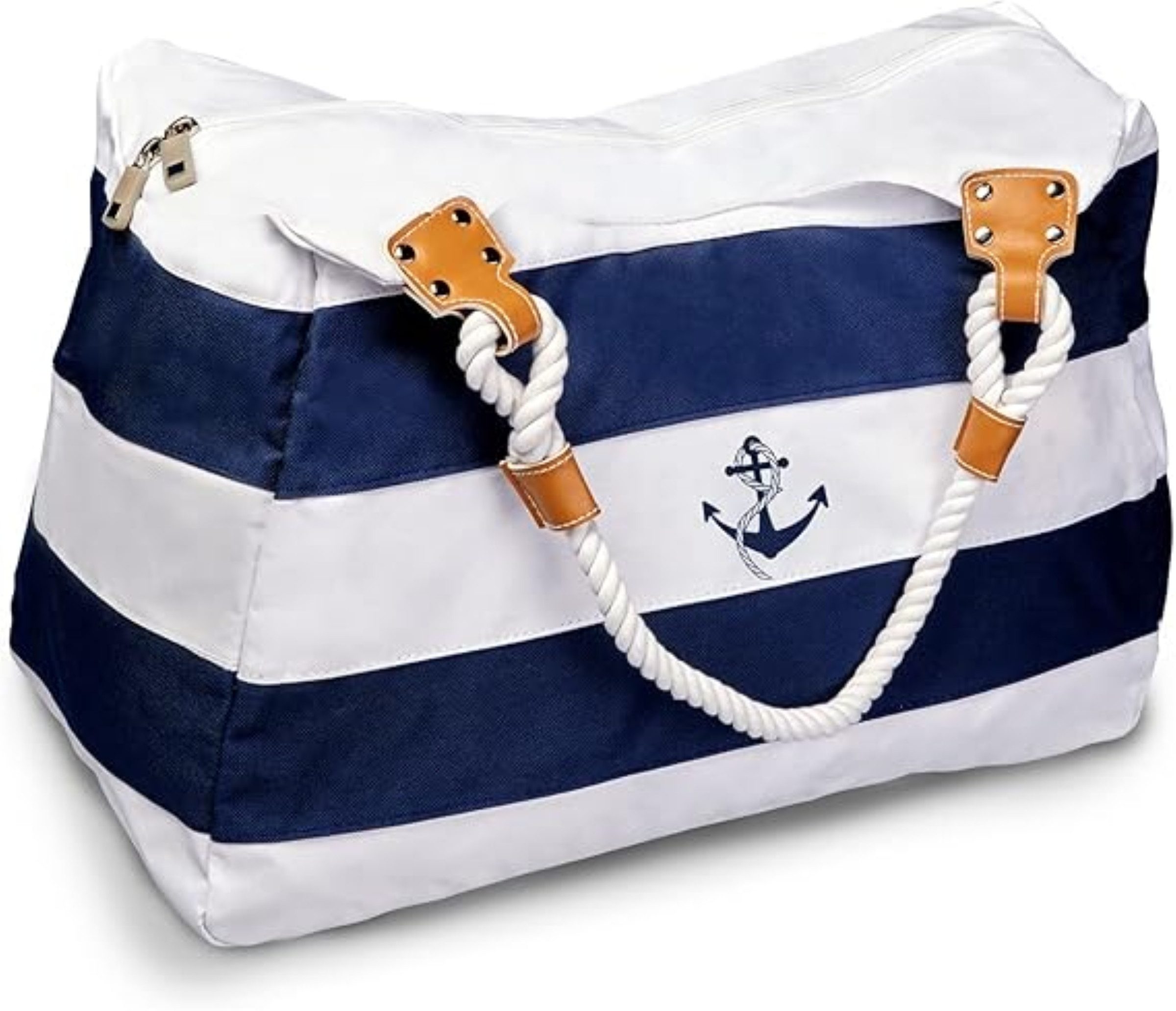 WildStage Shopper XL Strandtasche mit Reißverschluss Damen Shopper 45x24x36 cm Blau/Weiß (Damen Shopper & Umhängetasche mit Innentasche, Tragetasche, Saunatasche, XL Saunatasche mit Reißverschluss, Schultertasche, Innentasche), Extra groß, Reißverschluss,