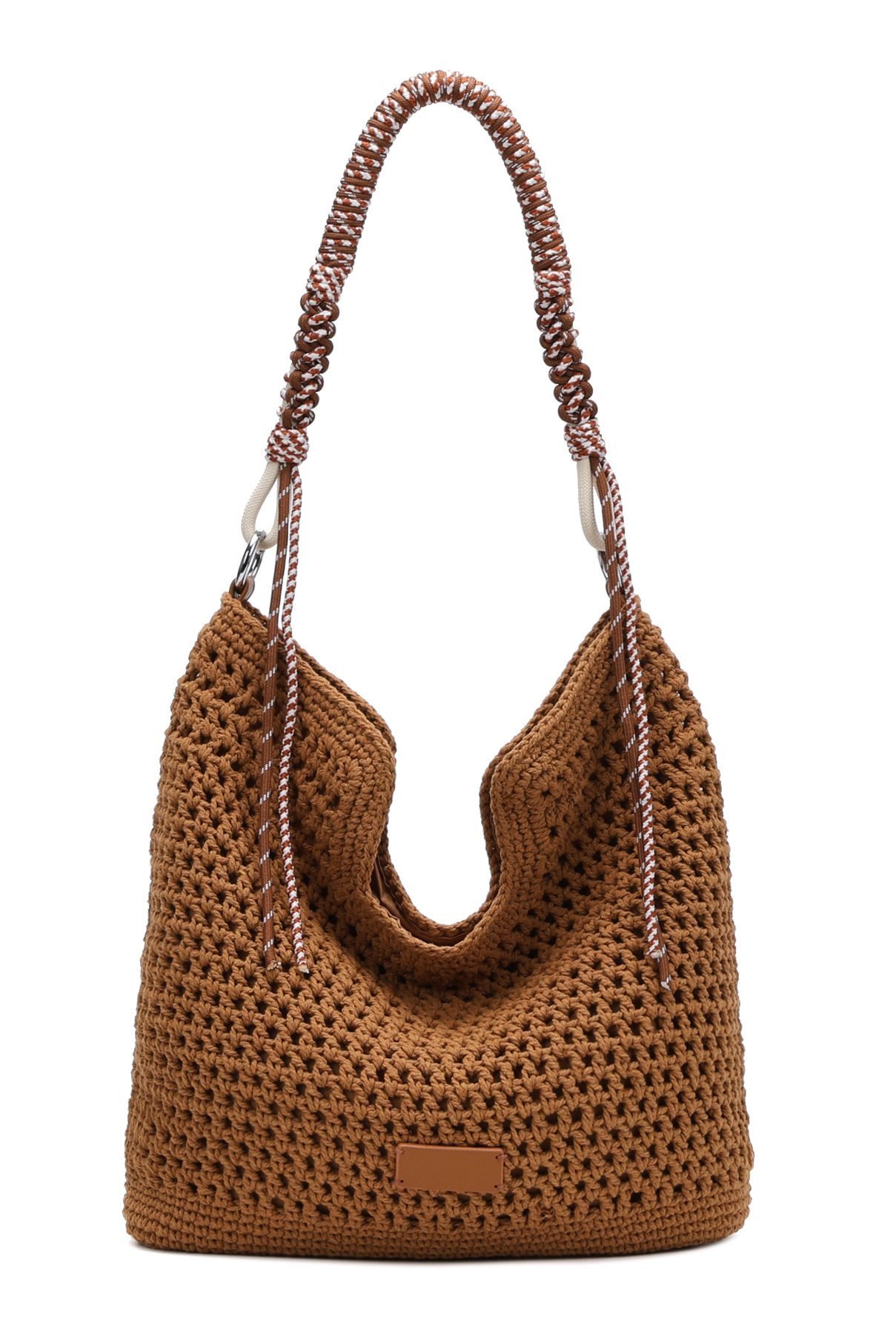 ITALYSHOP24 Schultertasche DAMEN TASCHE Hobo Shopper Häkeltasche Boho Geflecht Freizeit Urlaub, Sommer Basttasche Strand Reise Beuteltasche Stroh Handtasche Kordel