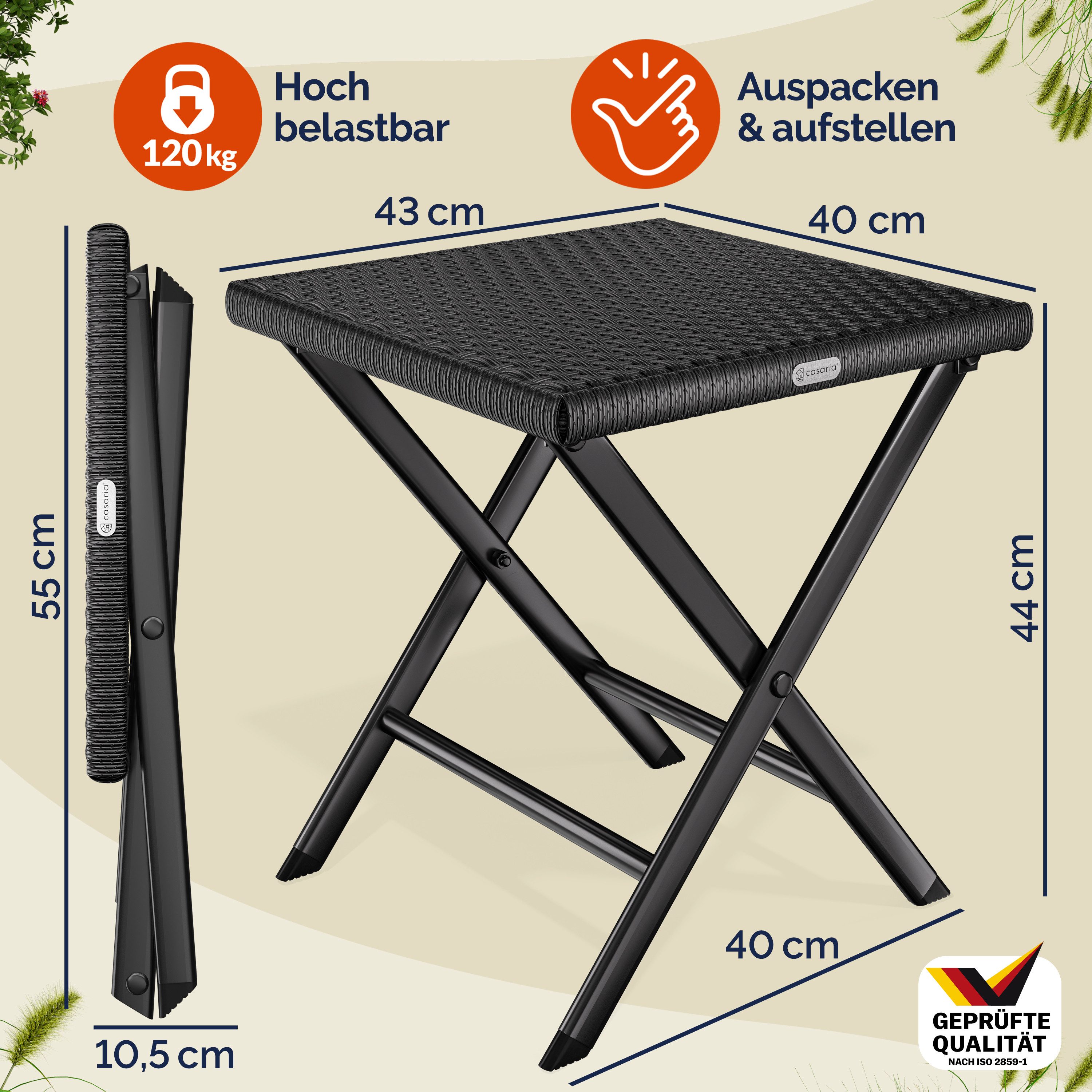 Casaria Gartenstuhl Rom (1 St), Polyrattan 75kg Belastbarkeit 44x40x44cm Klappbar Leicht Tragbar