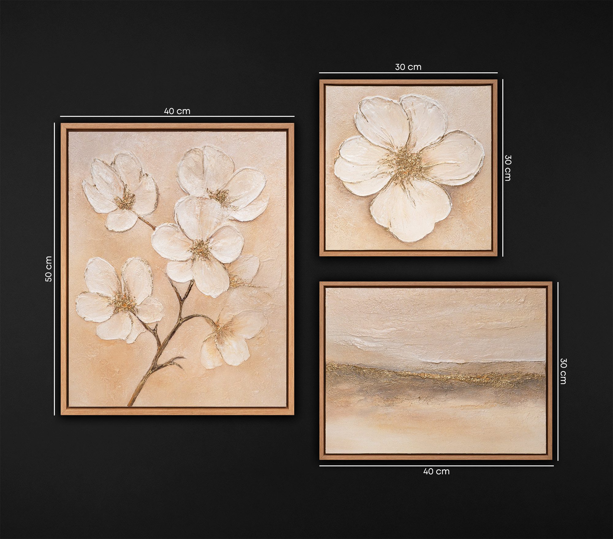 YS-Art Gemälde "Atem des Frühlings", Blumen (Set, 3 St), Wandbilder Set Natur Beige – Leinwandbilder Set Modern mit Blumen