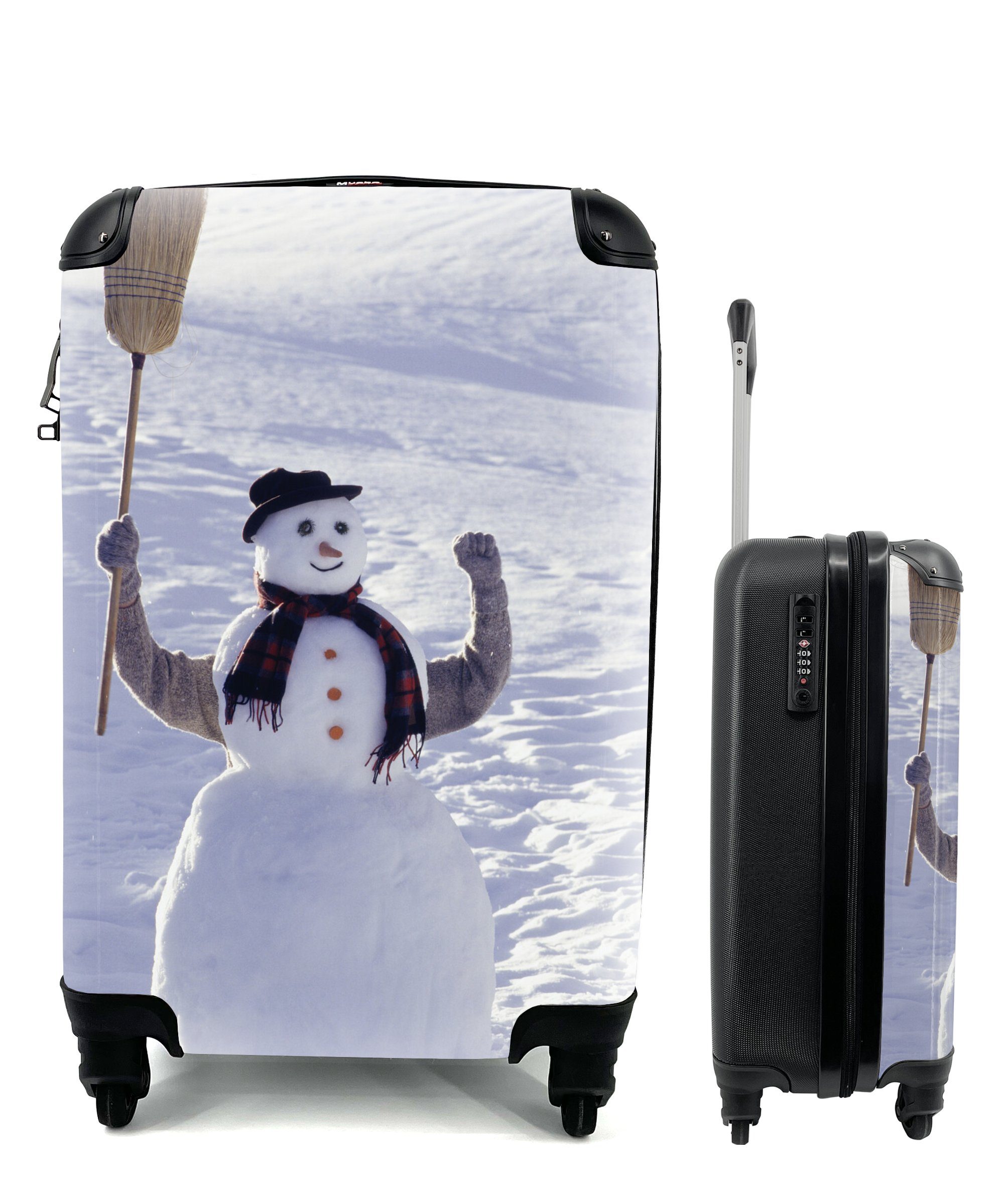 MuchoWow Handgepäckkoffer Ein weihnachtliches Foto von einer Person mit einem Besen steht hinter, 4 Rollen, Reisetasche mit rollen, Handgepäck für Ferien, Trolley, Reisekoffer