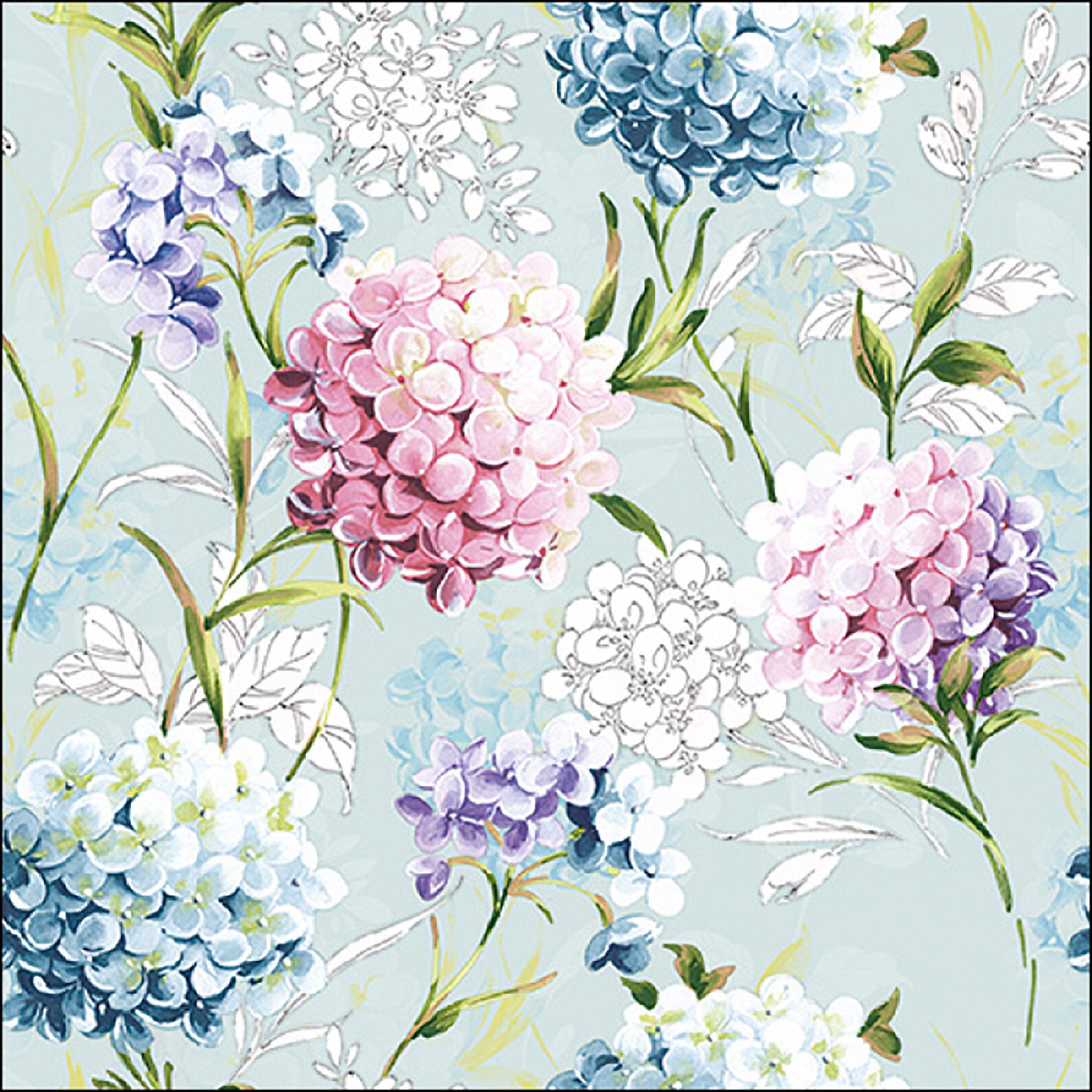 Ambiente Luxury Paper Products Papierserviette, Servietten Papier 33x33cm 3-lagig mit Hortensien Blumen Motiv 20 Stück