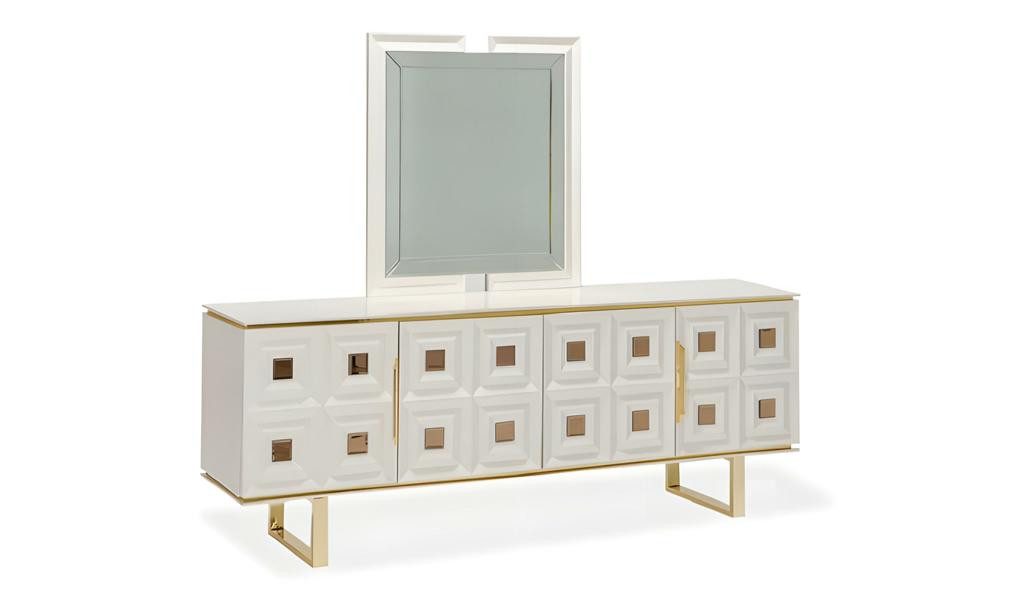 JVmoebel Anrichte Moderne Anrichte Buffetvitrine Esszimmer Beige Holzschrank Spiegel (Anrichte mit Spiegel), Made in Europe