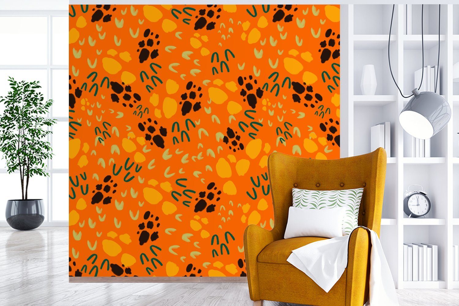 Wohnzimmer - Abstrakt Orange Muster, Vinyl MuchoWow - für oder Wandtapete Schlafzimmer, Tapete Matt, (5 St), Fototapete bedruckt,