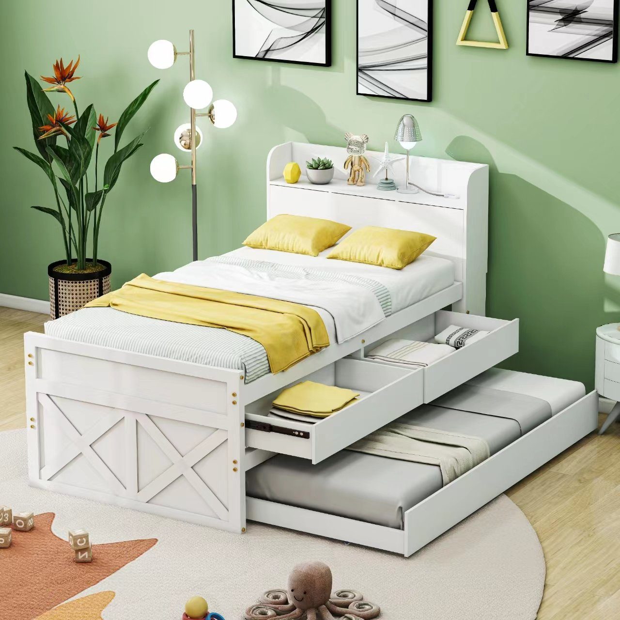 Massivholzbett (Stauraumbett, Kinderbett 90x190cm), mit 2 Schubladen, Stauraumfach, USB Ladefunktion und Ausziehbett