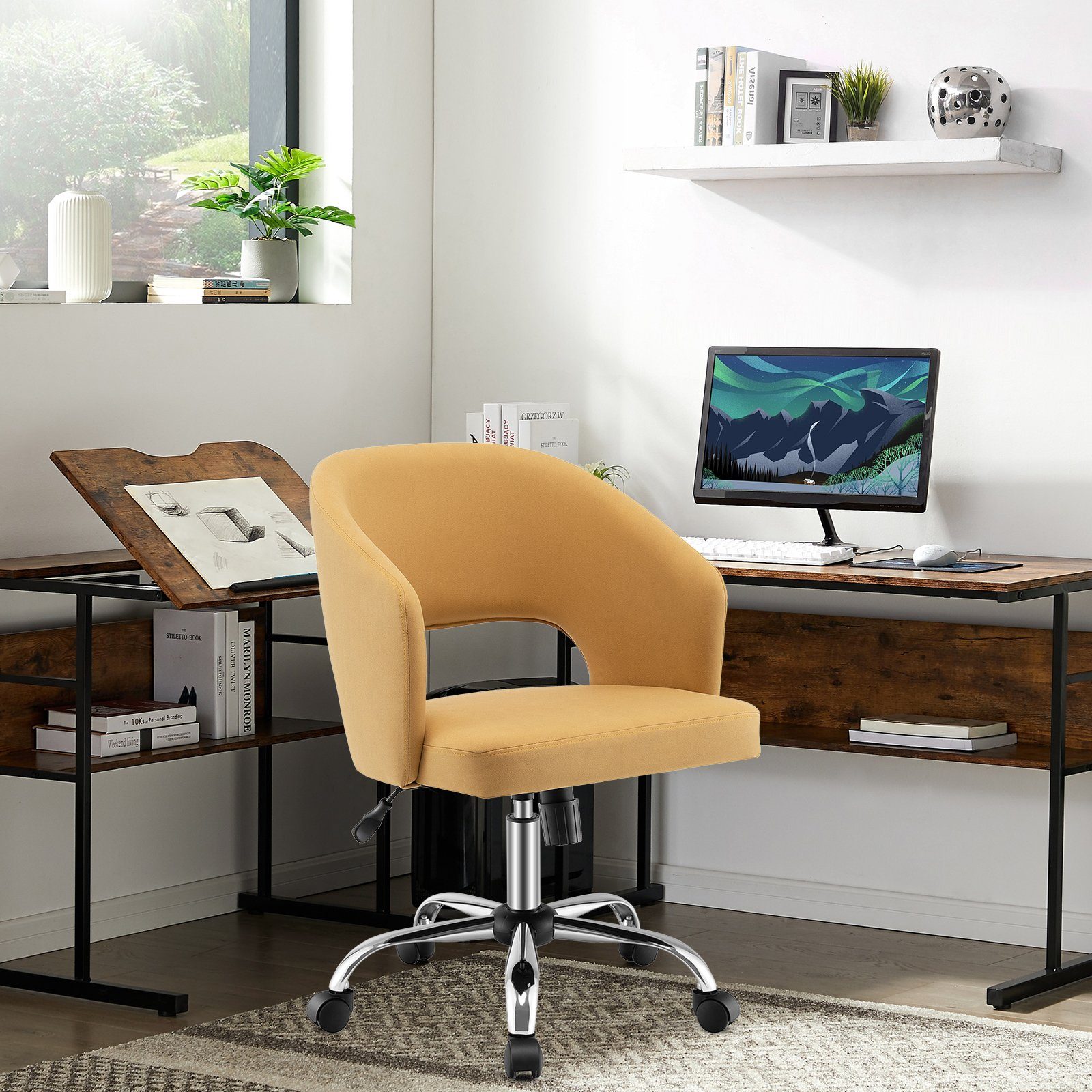 COSTWAY bis belastbar, höhenverstellbarer Schreibtischstuhl, kg Drehstuhl, Bürostuhl Gelb 150