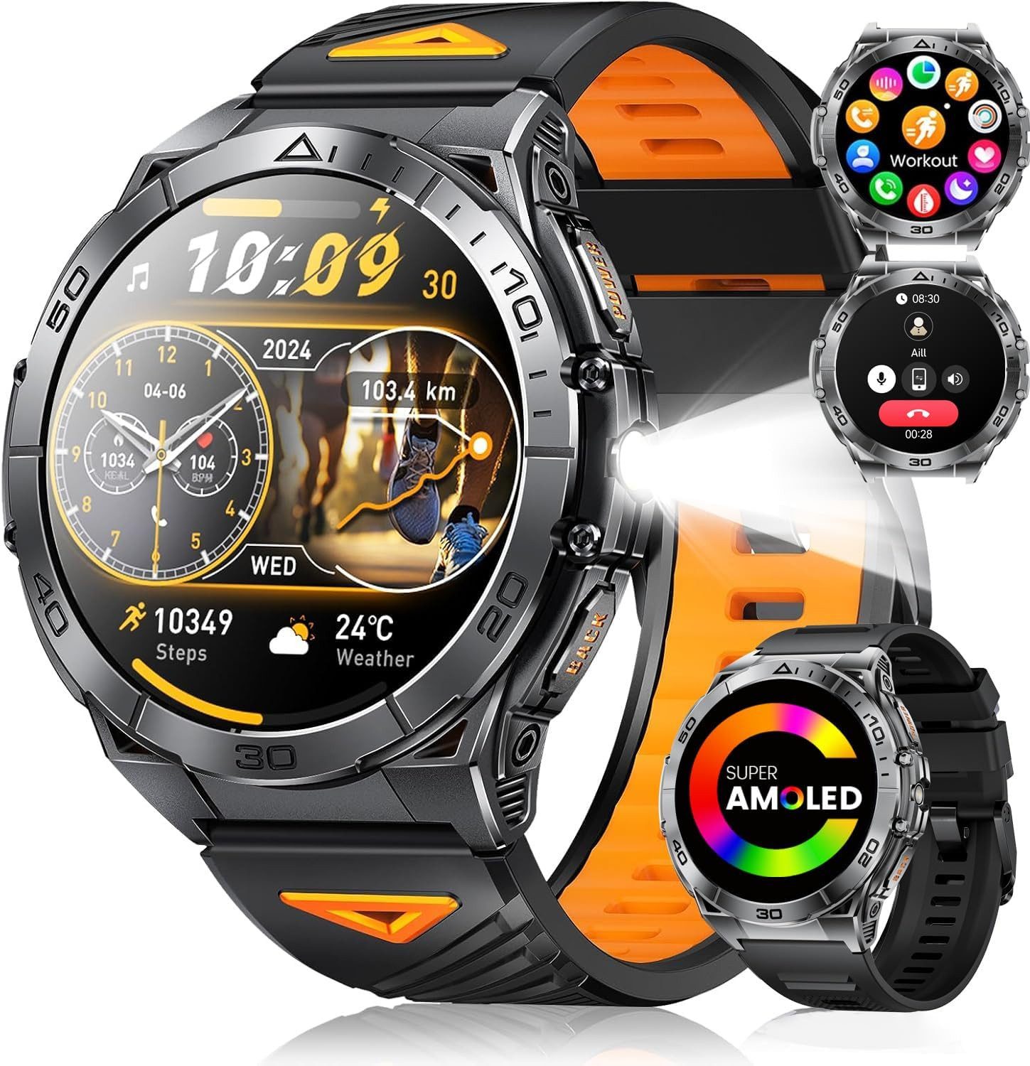 SUNKTA EF16-E Smartwatch (4 cm, android ios), Smartwatch mit AMOLED Display Taschenlampe Bluetooth Telefonie Fitness