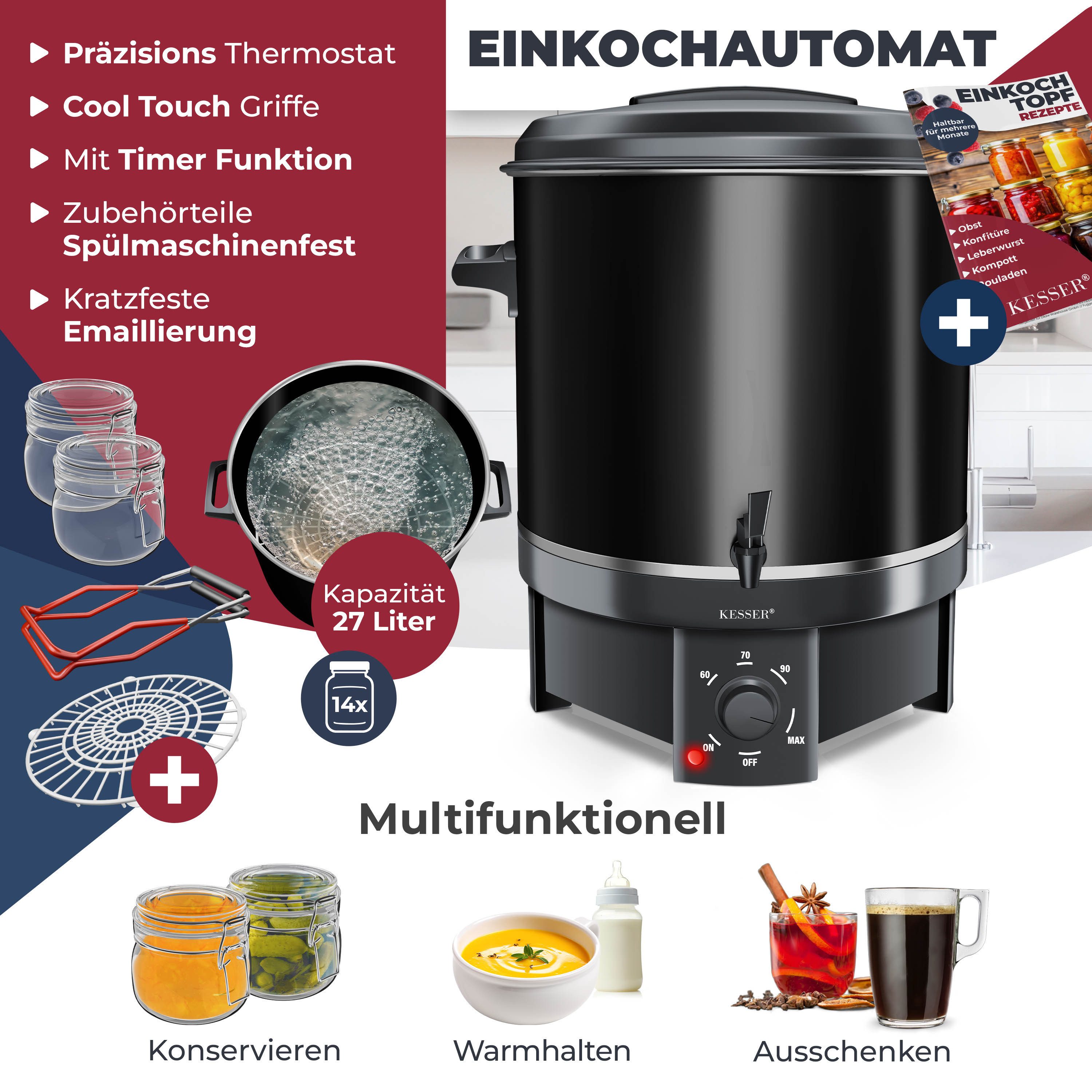 KESSER Heißgetränke- und Glühweinautomat Einkochautomat Edelstahl Heißgetränkeautomat 30-100°C, Glühweinkocher Dauerbetrieb & Abschaltautomatik inkl Zange & 2 Gläsern