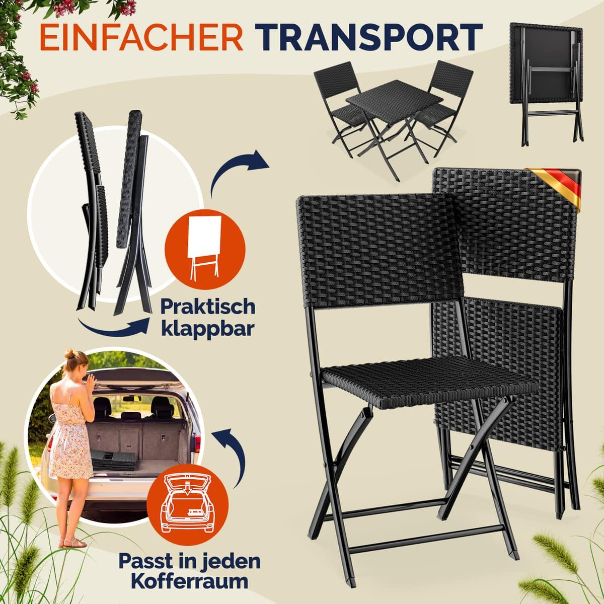 Casaria Balkonset Rom, Polyrattan 3 tlg. Klappbar Platzsparend 2 Personen Wetterfest Balkon