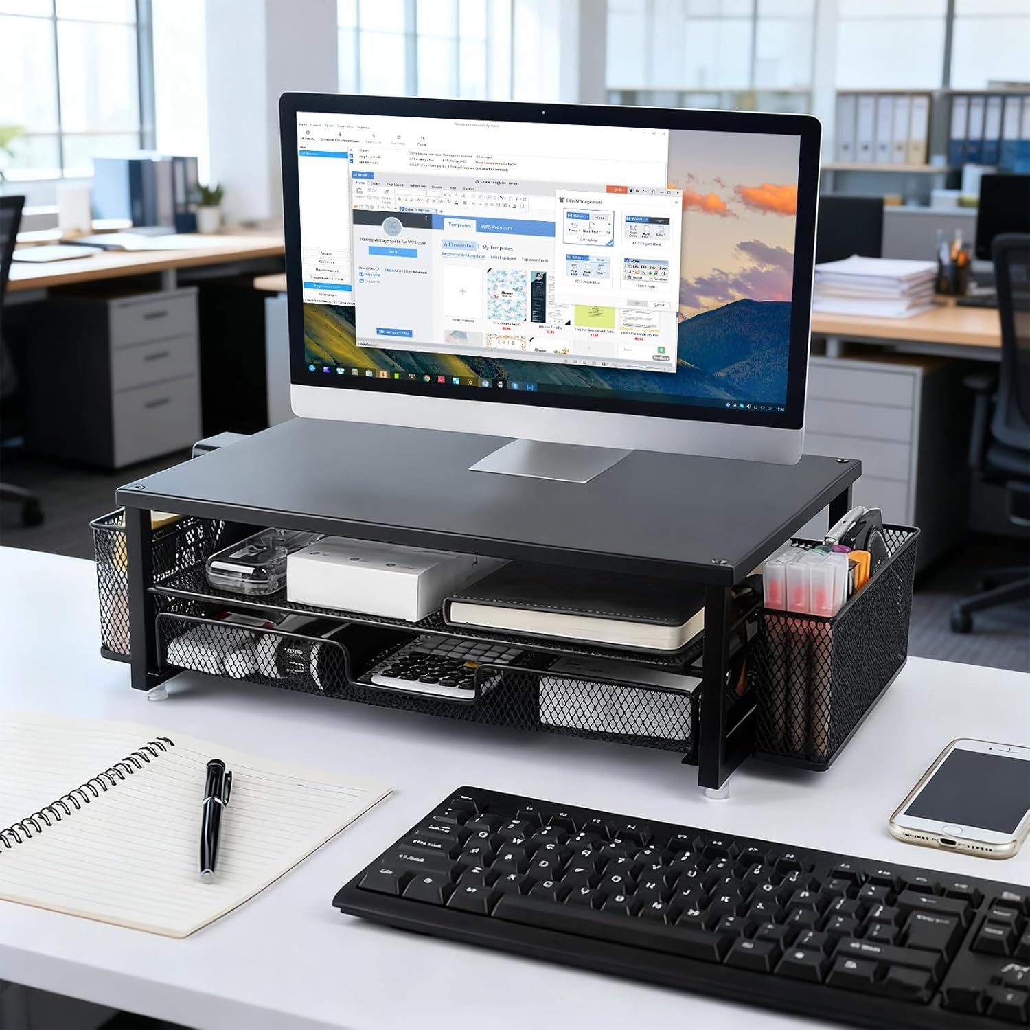 BlingBin Monitorständer Ergonomischer doppelstöckiger Schreibtischorganizer, (1 Stück, 1-tlg., 39,5 x 25,5 x 16 cm, mit Schublade und 2 Stifthalter für Bürozube – Bild 2 von 5