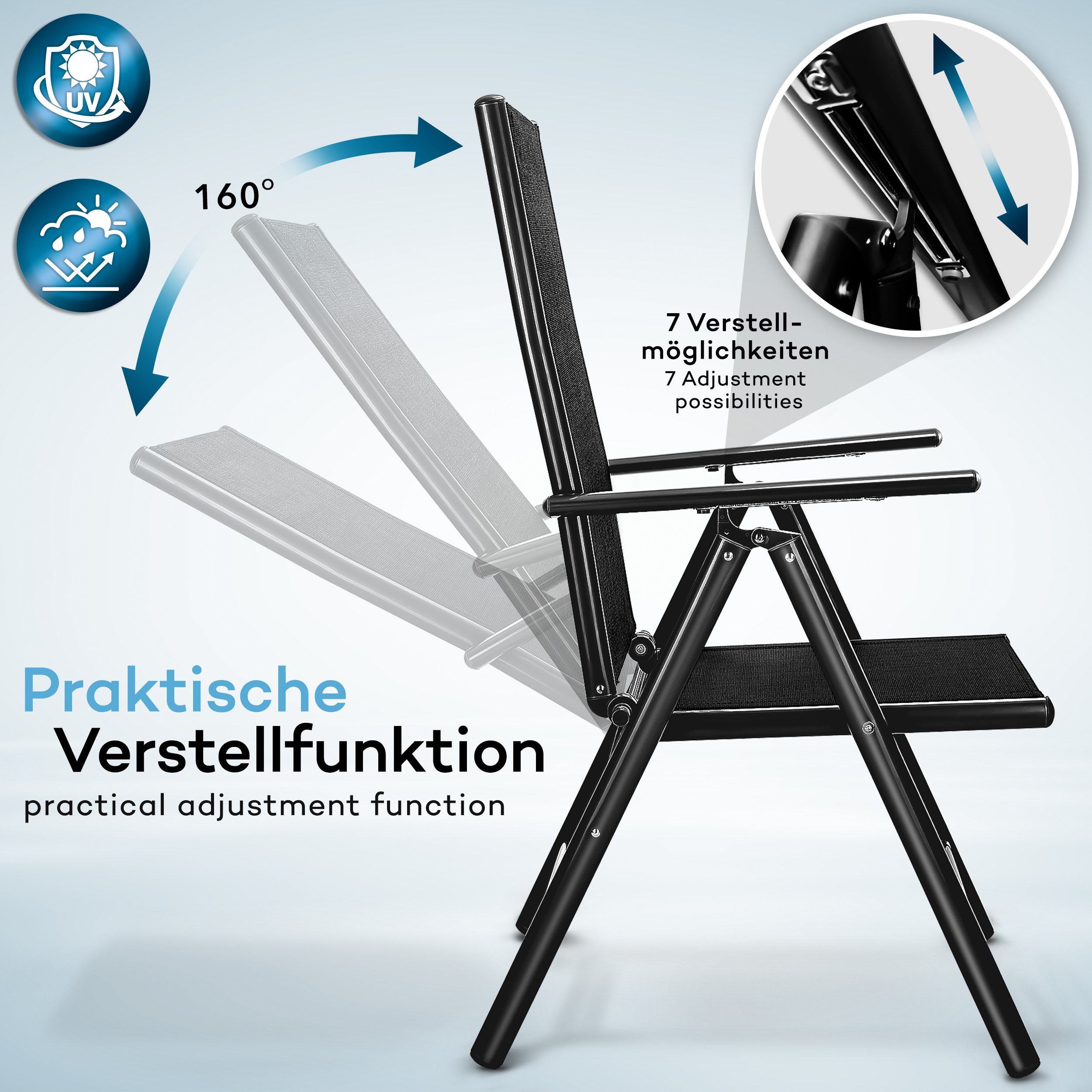 tillvex Gartenstuhl Hochlehner klappbar aus & verstellbar mit Gartenstühle Terrasse Schwarz Garten Aluminium Armlehnen Balkon Lehne (Klappstuhl Alu verstellbar 7-Fach wetterfest)