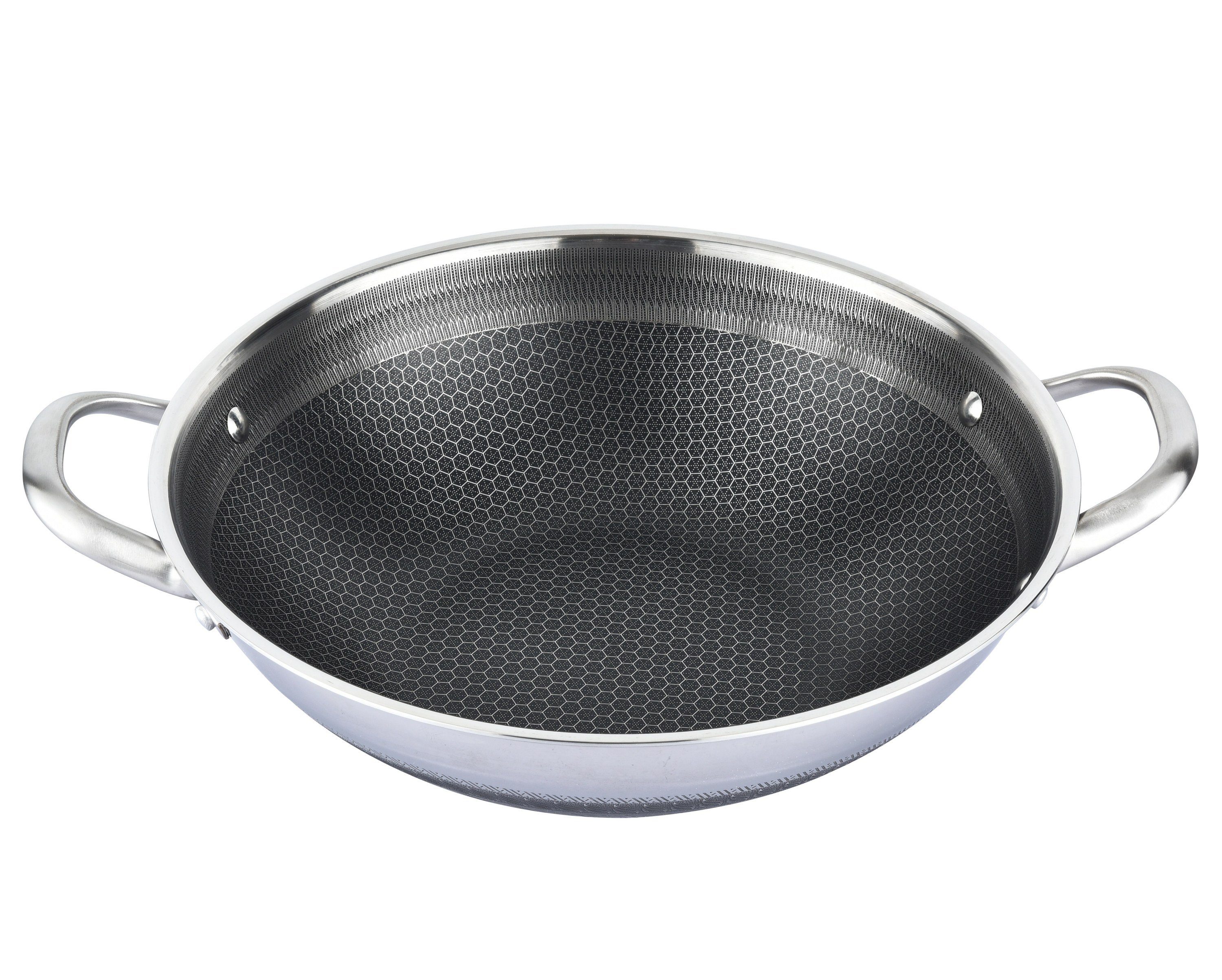 Cheffinger Wok Wok Pfanne Wokpfanne mit Glasdeckel Edelstahl Induktion Ø32cm, Material: Edelstahl, Glas (Wokpfanne mit Deckel)