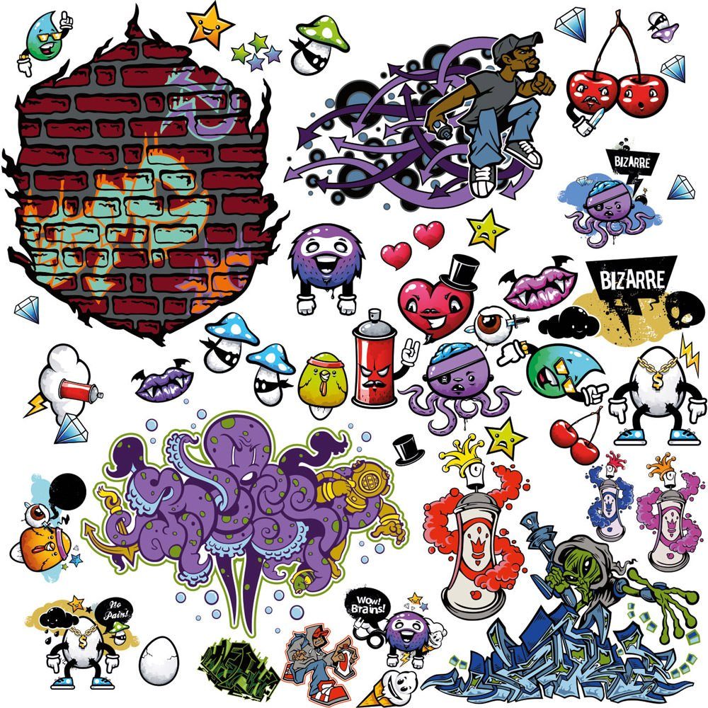 Sunnywall Wandtattoo Graffiti Wandtattoo XXL Set Kinderzimmer Aufkleber bunt Wanddeko