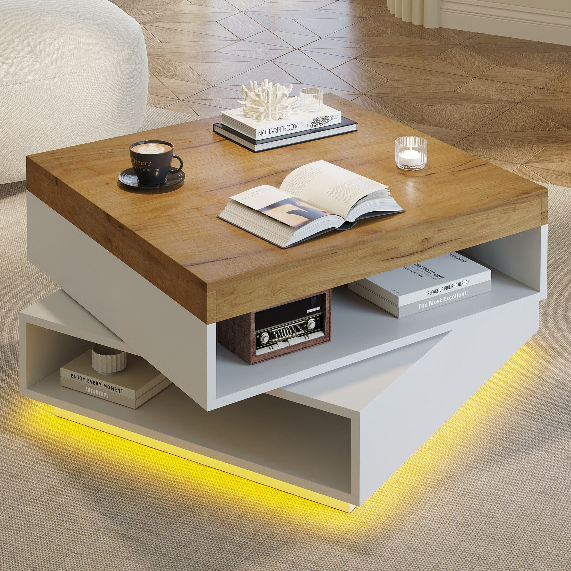 Merax Couchtisch mit LED-Beleuchtung, Kaffeetish quadratische Sofatisch Beistelltisch (1-St), Wohnzimmertisch mit 360°Drehfunktion & großzügigem Stauraum,65x65x40cm