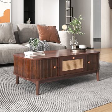 WISHDOR TV-Schrank TV-Schrank-Natürlicher Holz-Blend (chubladen mit Rattan und Schiebetüren mit Massivholzlatten, TV-Ständer mit Rattanseiten) Massivholzbeine, Natürlicher Landhausstil.