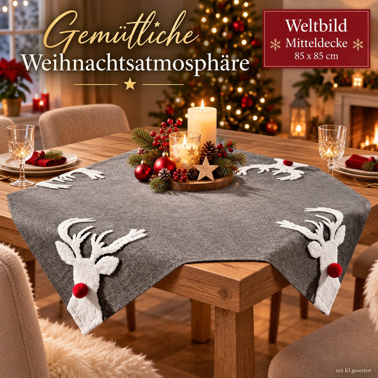 Weltbild Tischdecke Weihnachten Tischdecke 85x85 cm Weihnachtstischdecke Tischdeckchen, Deckchen Weihnachtsdeko Tischdeko Festtafel Dekoration Weihnachten