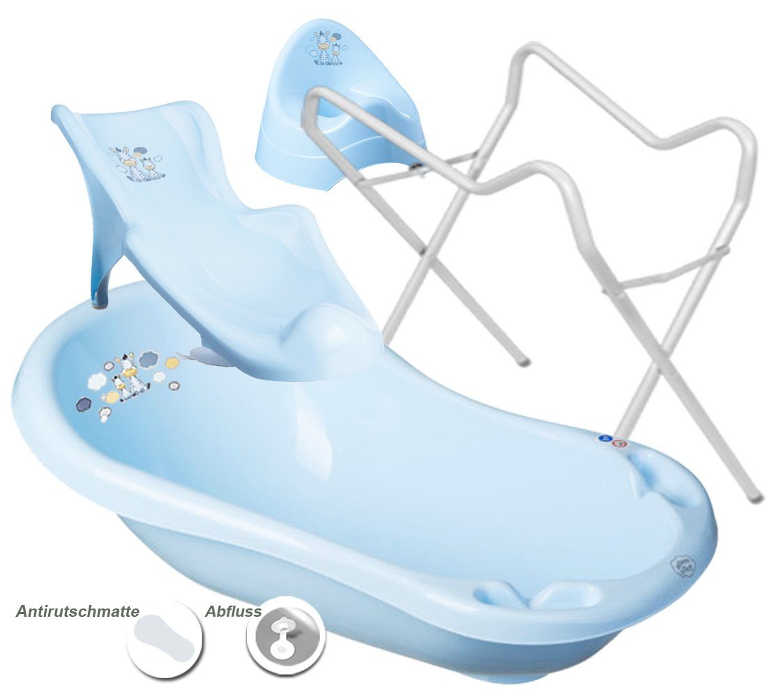 Maltex Babybadewanne 3 Teile SET - ZEBRA Blau + Ständer Weiß - Badeset Baby Badesitz Wanne, (Made in Europe), = BABYWANNE + SITZ + TÖPFCHEN + GESTELL