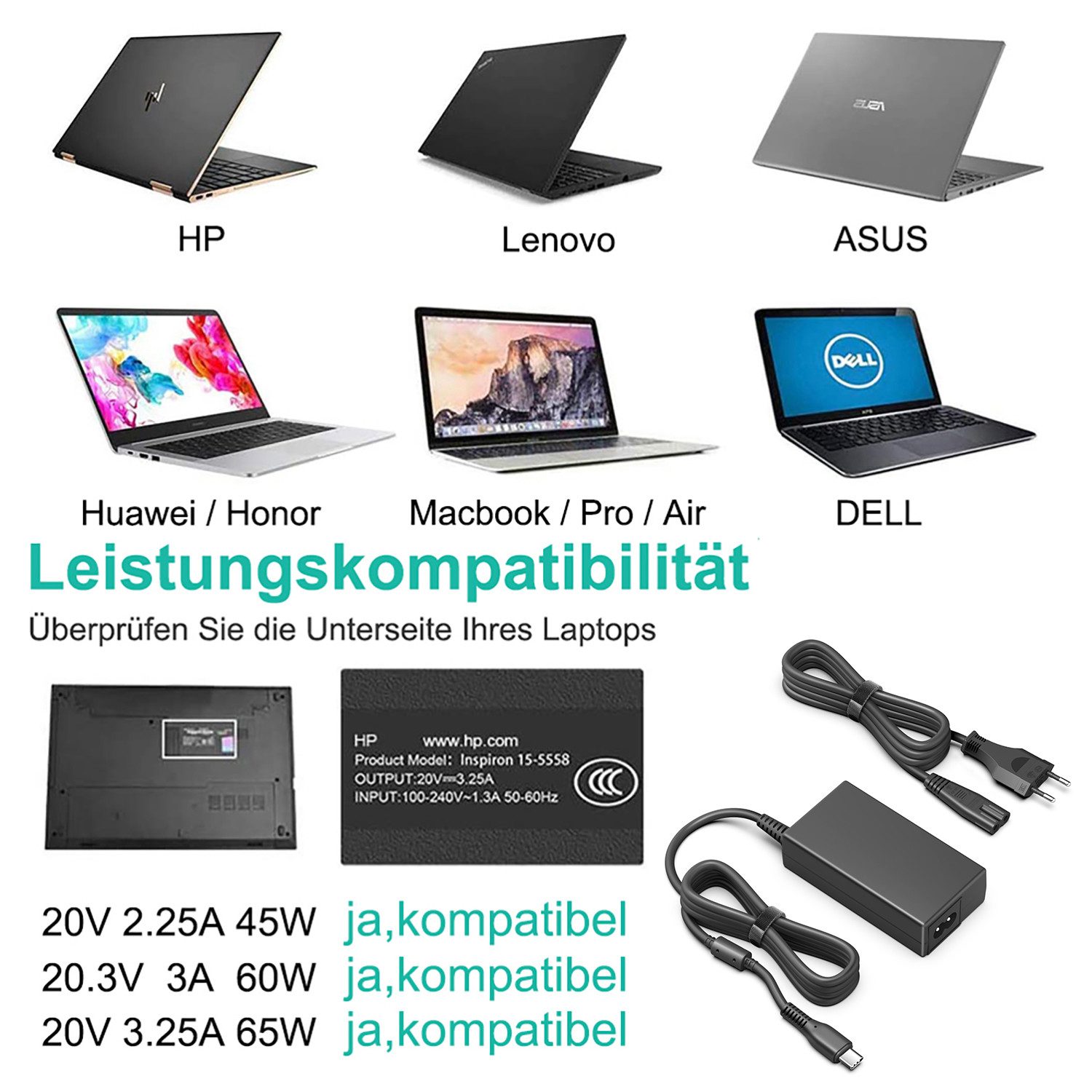 HKY 65W 45W USB C für HP Chromebook 14,Elitebook,Probook 650 G4,Pavilion Notebook-Netzteil (Envy X360 15-ds000,Spectre x2 x360, Chromebook 11 G4 EE /11 G6 EE) – Bild 3 von 5