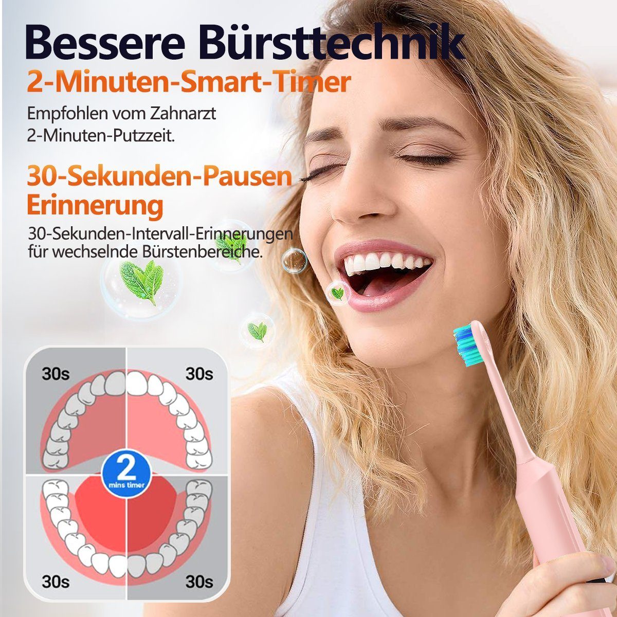 MCURO Elektrische Zahnbürste D36 Schallzahnbürste für Zahnpflege, mit 5 modi 3 Vibrationsstärken, Aufsteckbürsten: 6 St., Electric toothbrush für Erwachsene,Zähne reinigen wie ein Zahnarzt, Reise Zahnbürsten mit 6 Zahnbürstenkopf, Timer