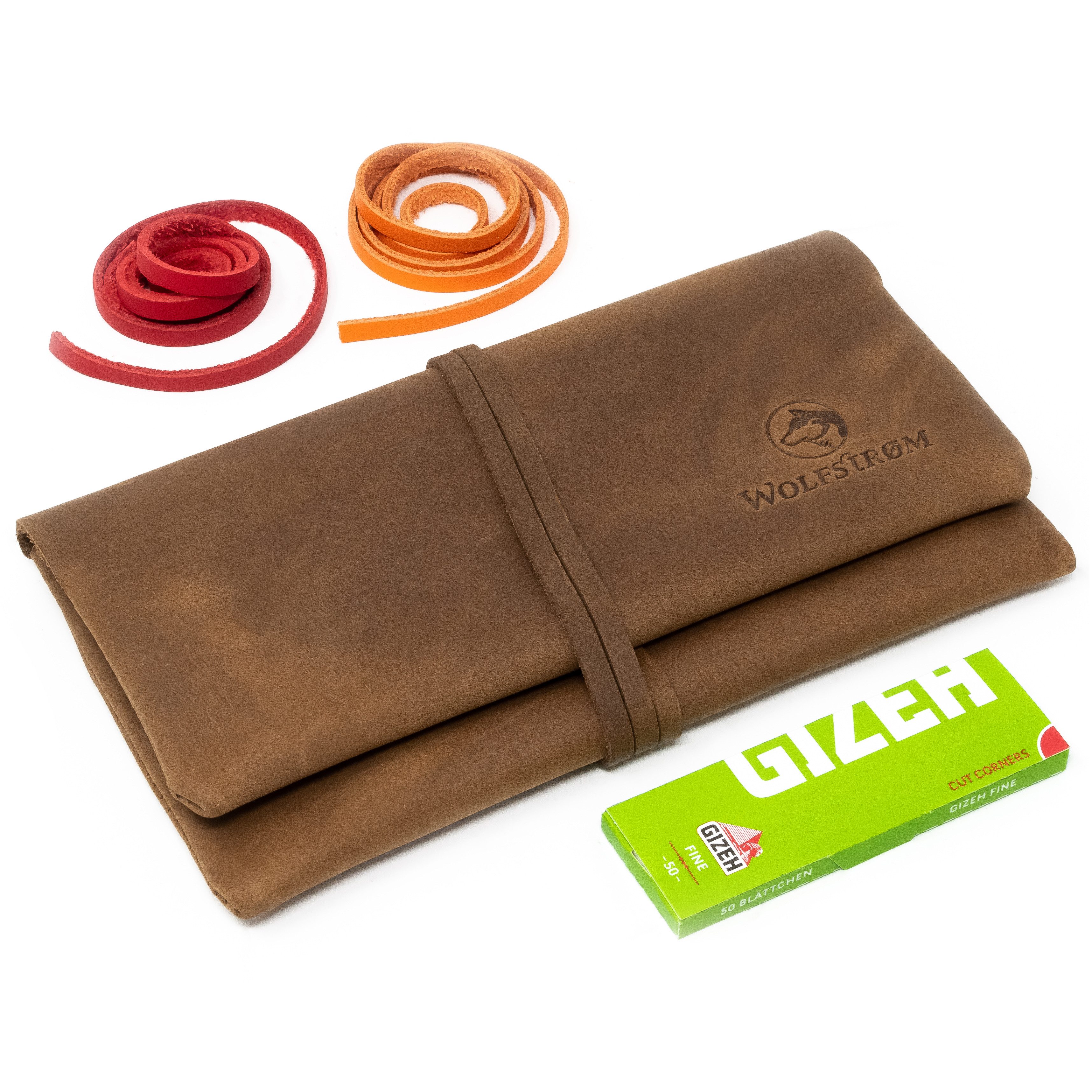 Wolfstrøm Tabakbeutel 'Bjørk' – Tabaktasche Leder – Dreher-Tasche mit Blättchen-/ Filterfach (Bjørk Set, Set inkl. Gizeh Paper, Set inkl. 2x farbige Bänder (rot/blau), inkl. Gizeh Papers