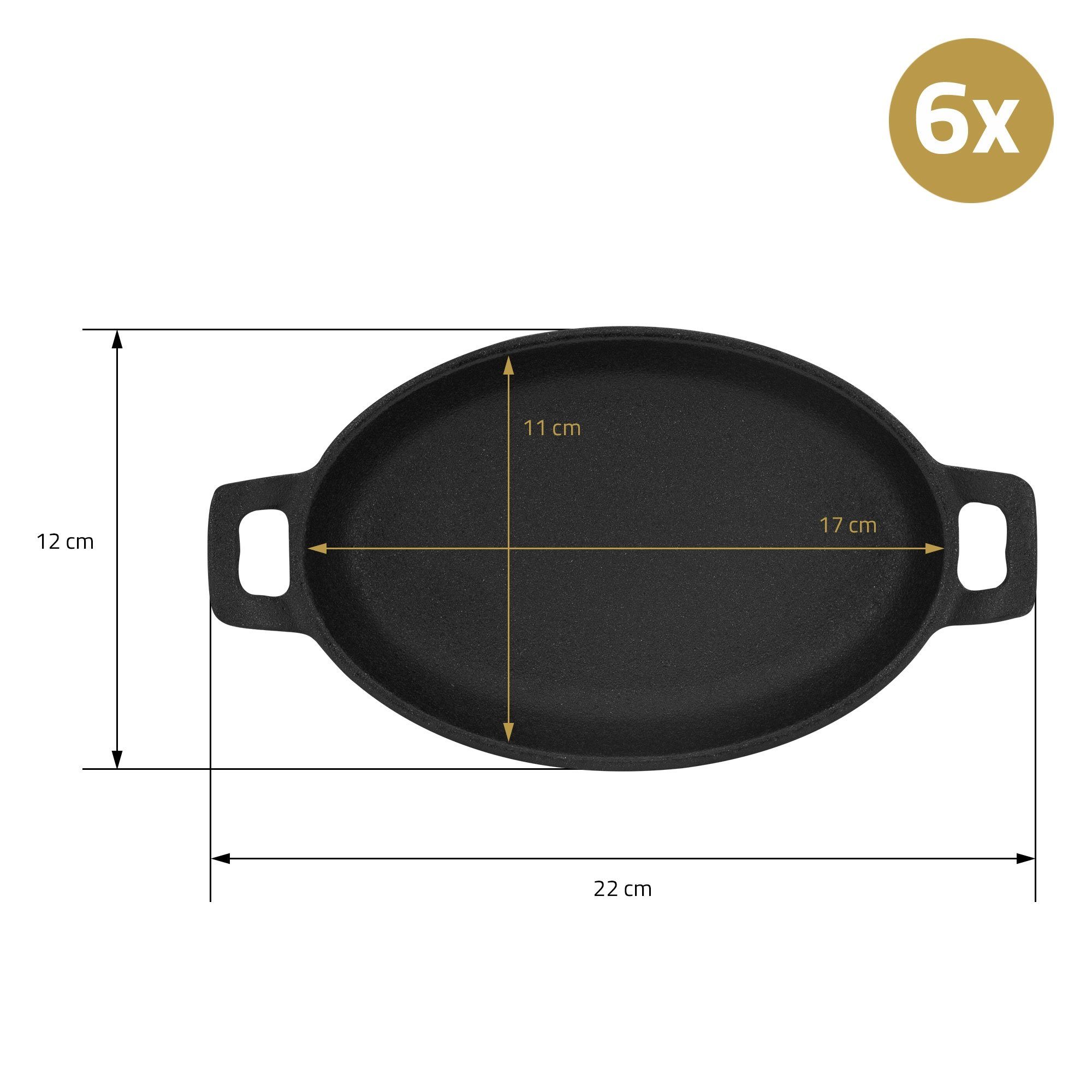 Set Servierpfännchen 6er antihaftbeschichtet Gusspfännchen Set Gusseisen oval BBQ Bratpfanne 22x12cm mit Tragegriffe Grillpfännchen Pfannenset, Boss 6er